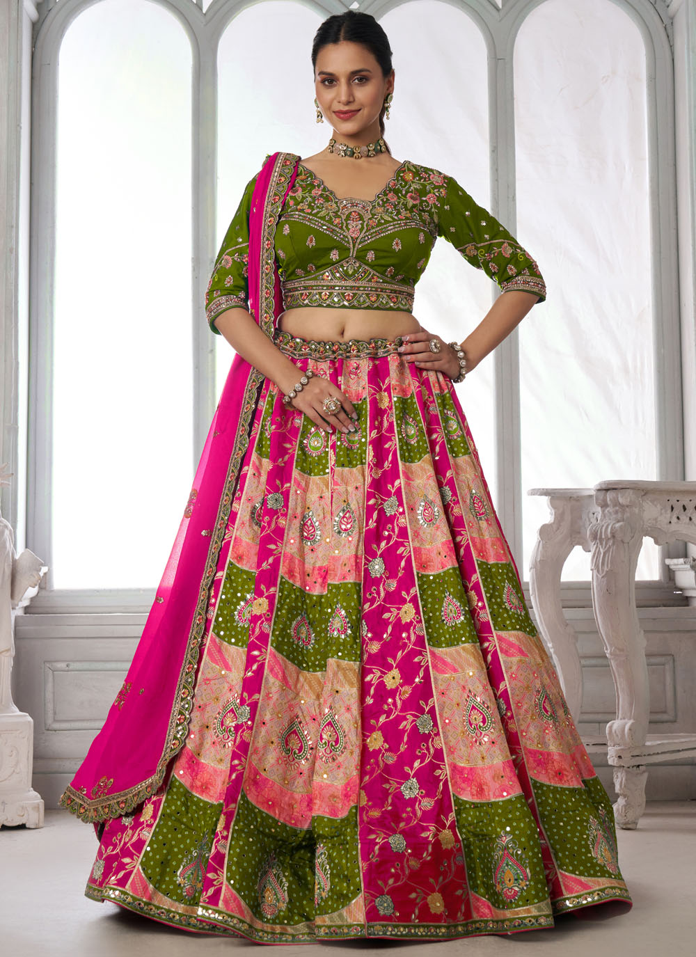 Embroidered Chinon Multi Colour Lehenga Choli for Wedding - Buy Online