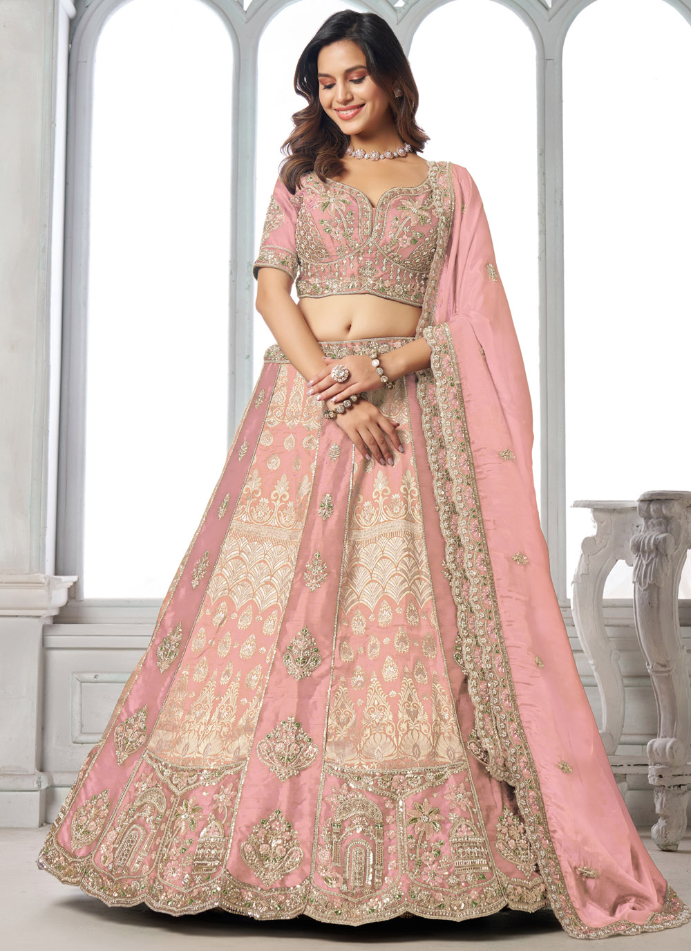 Pink Silk Beads Sequins Zari Embroidered Trendy Lehenga Choli - Buy Online