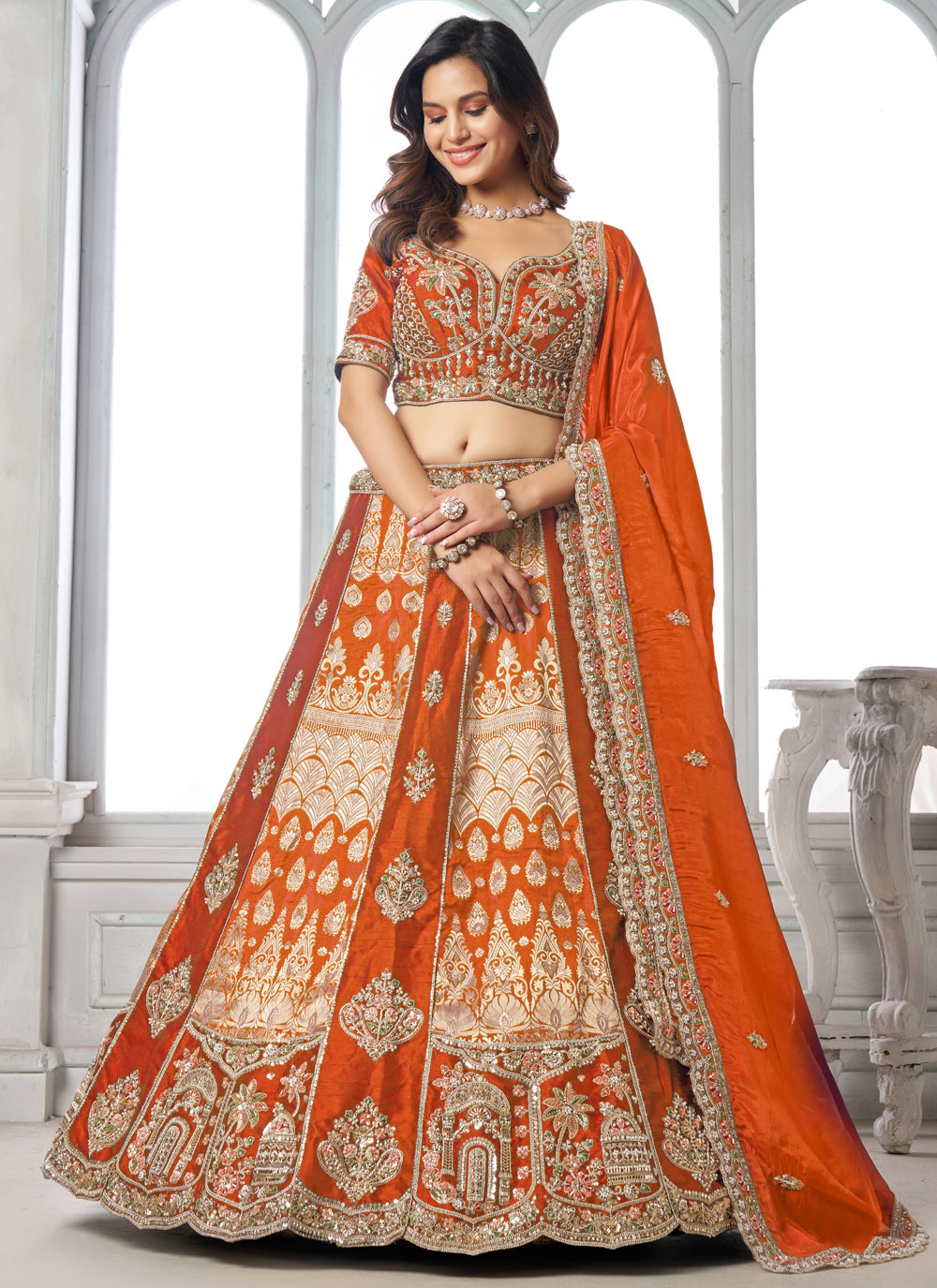 Silk Embroidered Beads Zari Work Orange Lehenga Choli - Buy Online