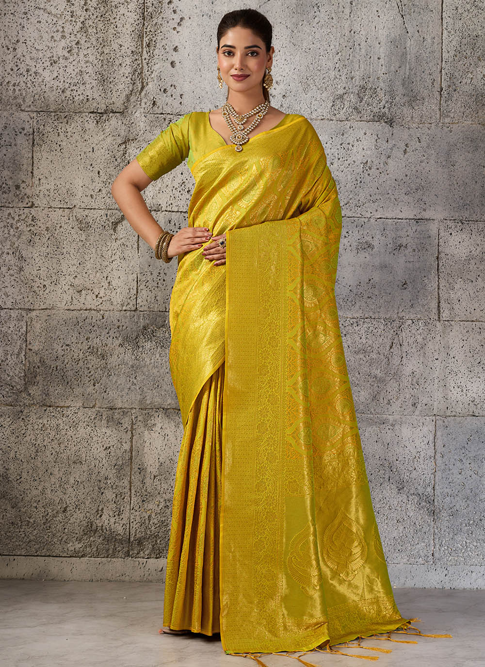 Mustard Kanjivaram Silk Woven Trendy Saree - Buy Online