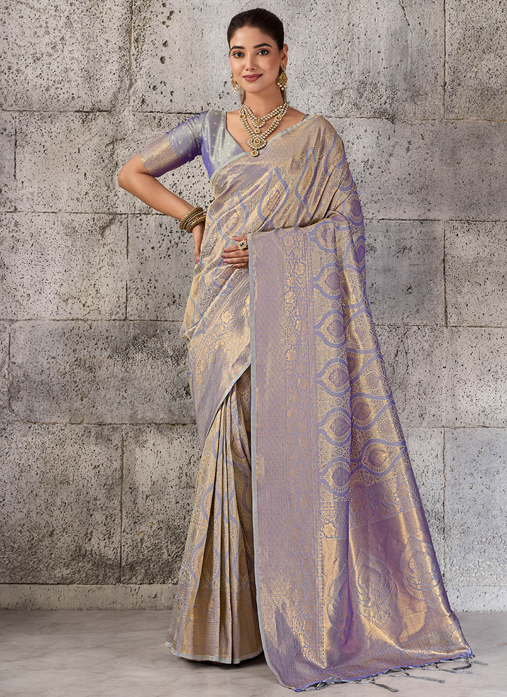 Kanjivaram Silk Grey Woven Classic Saree - Buy Online