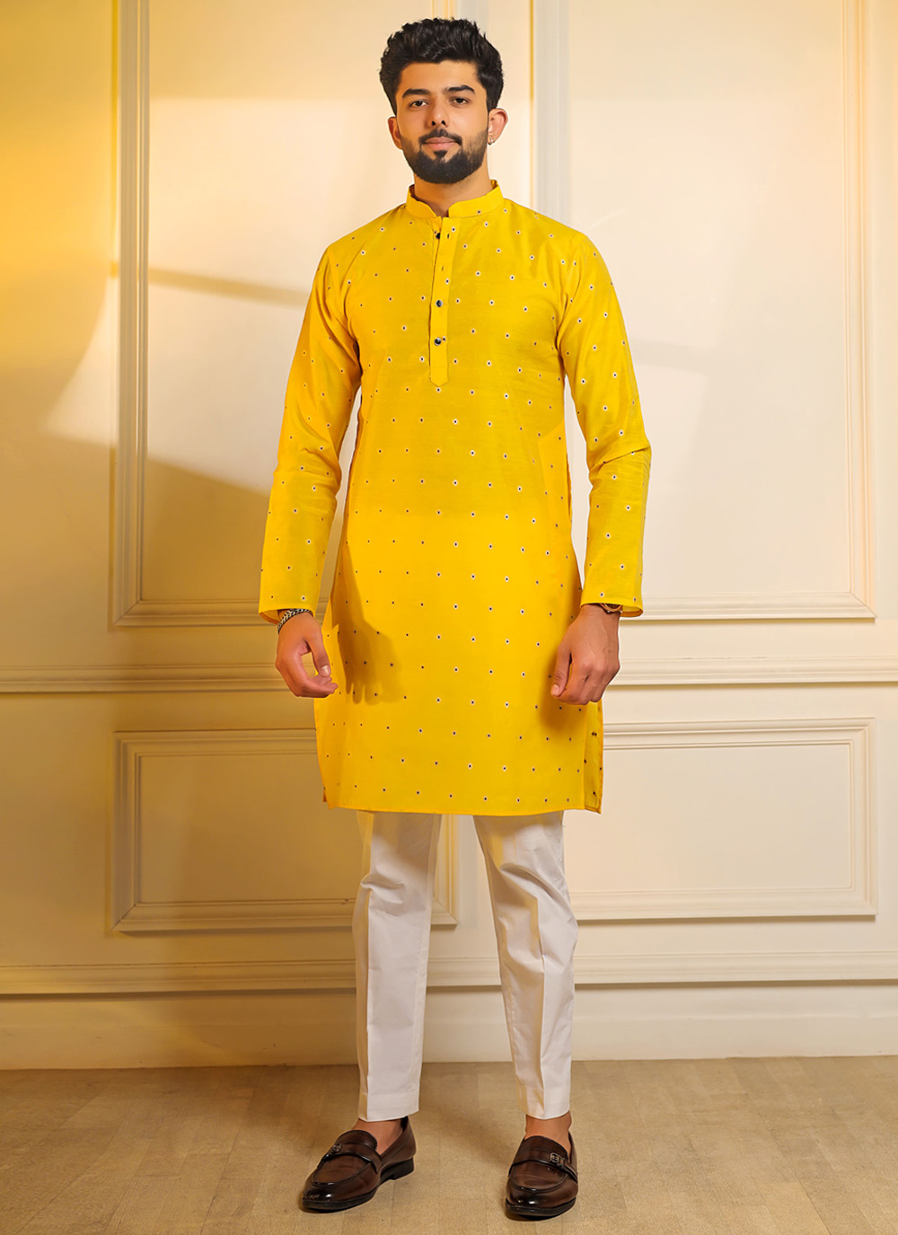 Yellow Cotton Butti Woven Work Kurta Pyjama - Buy Online
