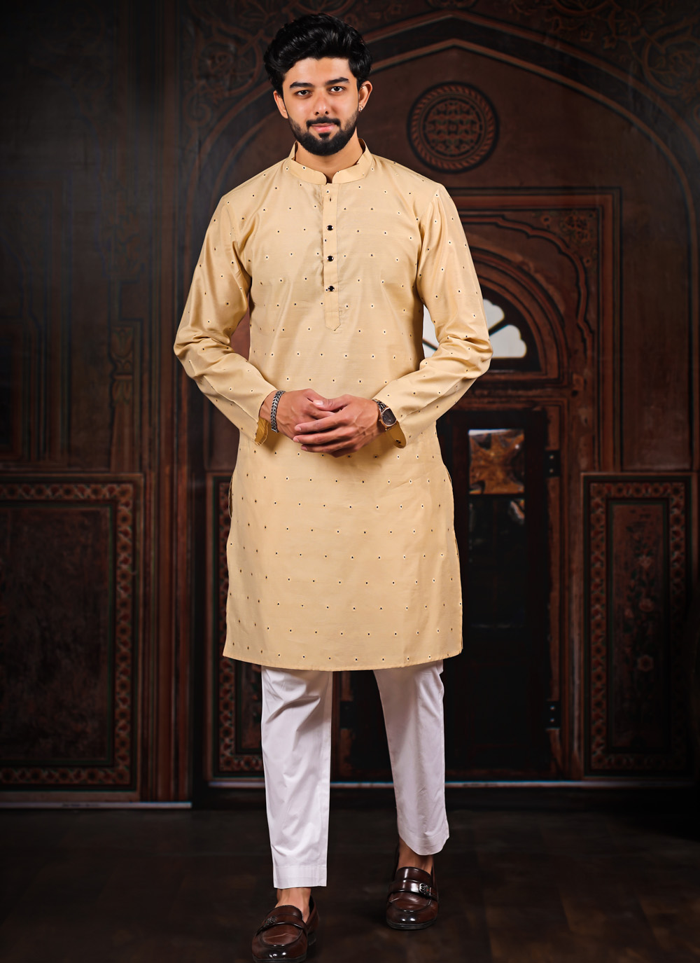 Cotton Brown Woven Butti Work Kurta Pyjama - Buy Online