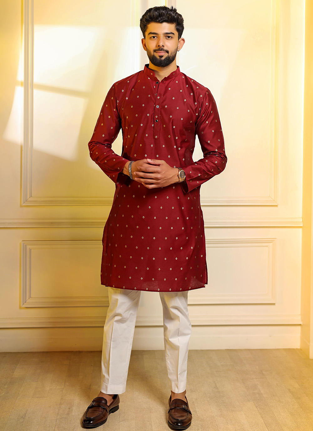 Maroon Woven Butti Work Cotton Kurta Pyjama for Festival - Buy Online
