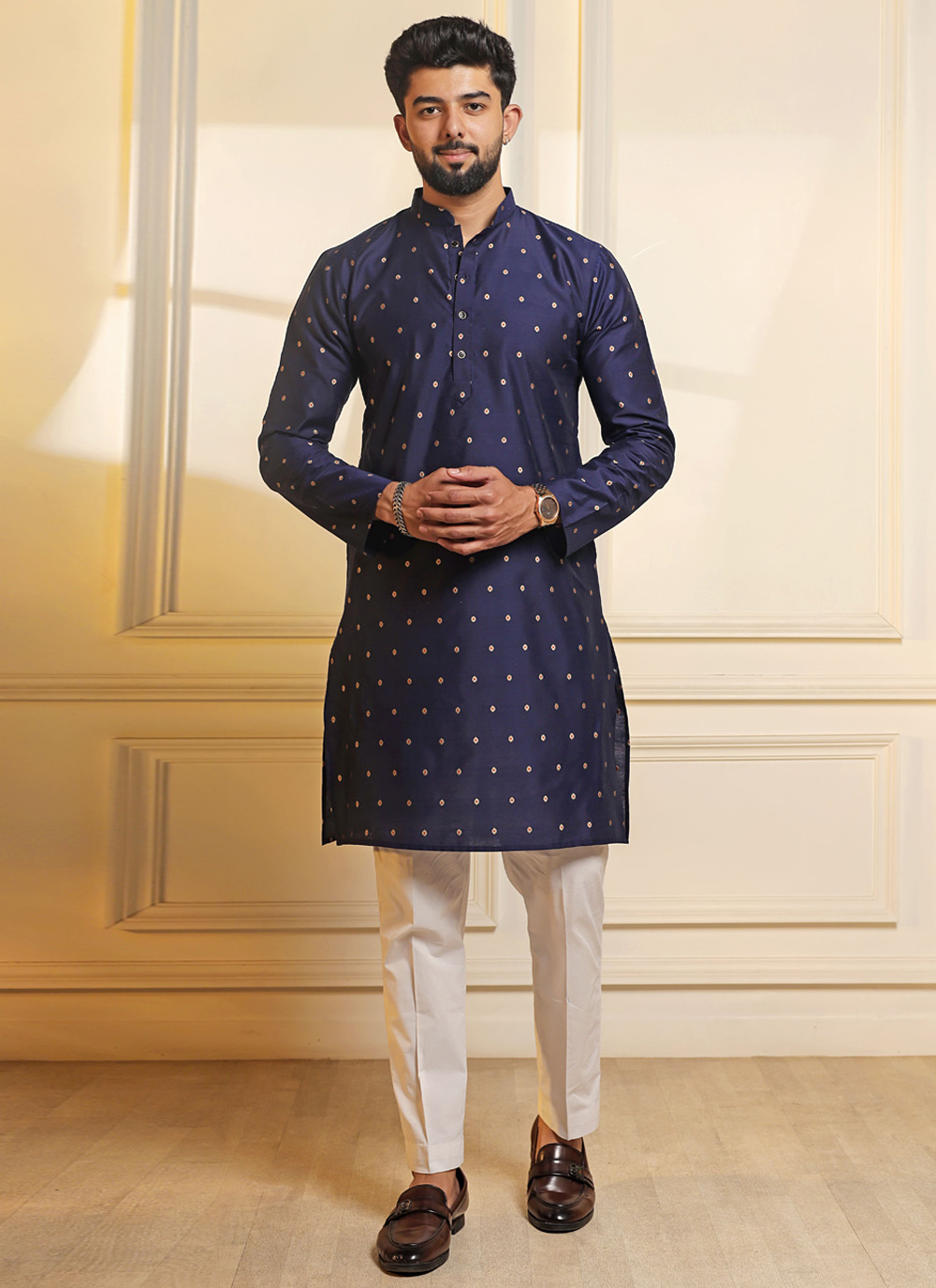 Cotton Butti Woven Work Kurta Pyjama in Blue - Buy Online