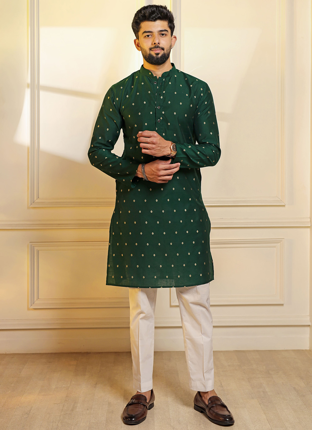 Cotton Woven Green Kurta Pyjama for Ceremonial - Buy Online
