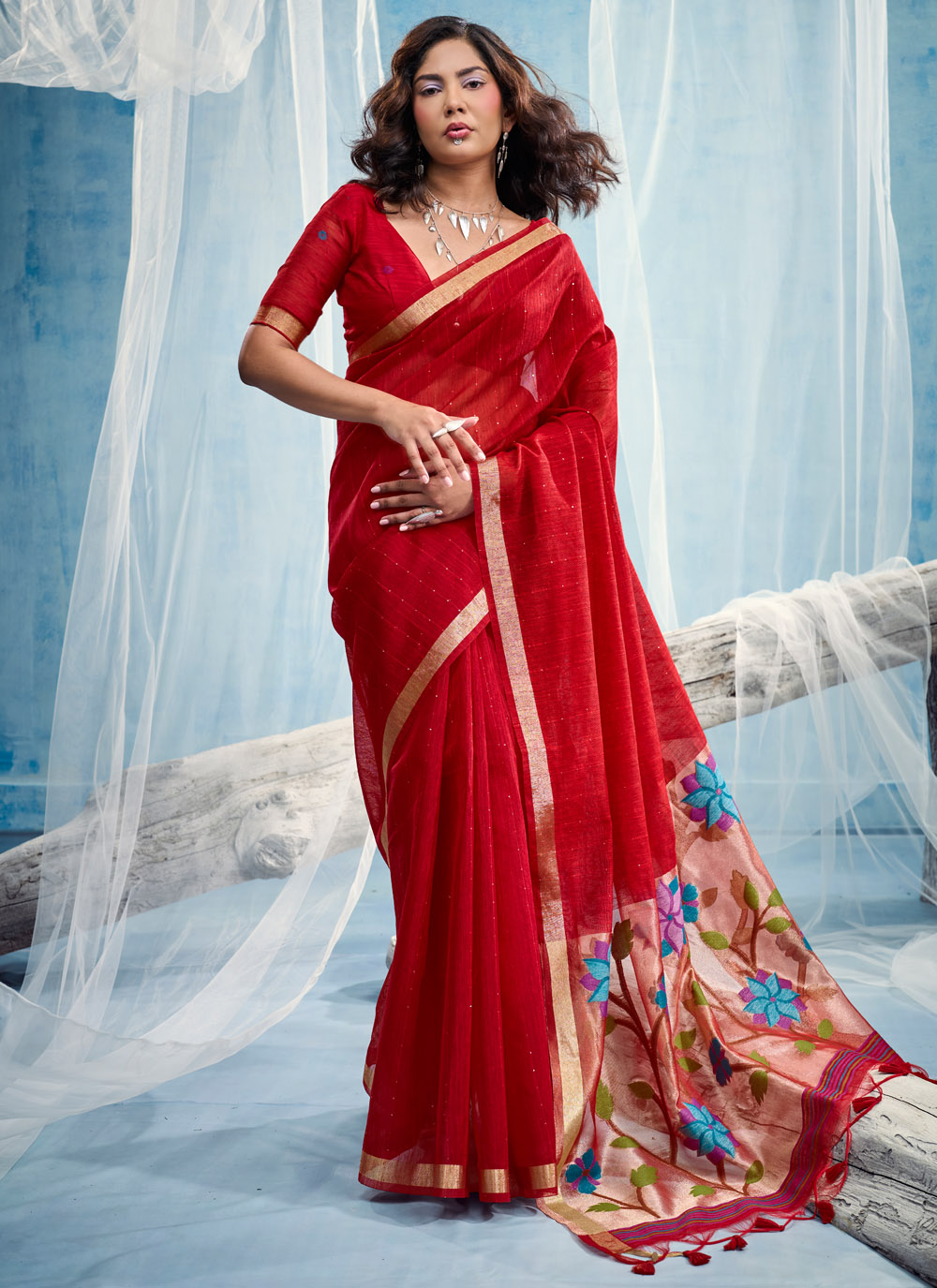 Red Handloom Silk Weaving Work Traditional Saree - Buy Online