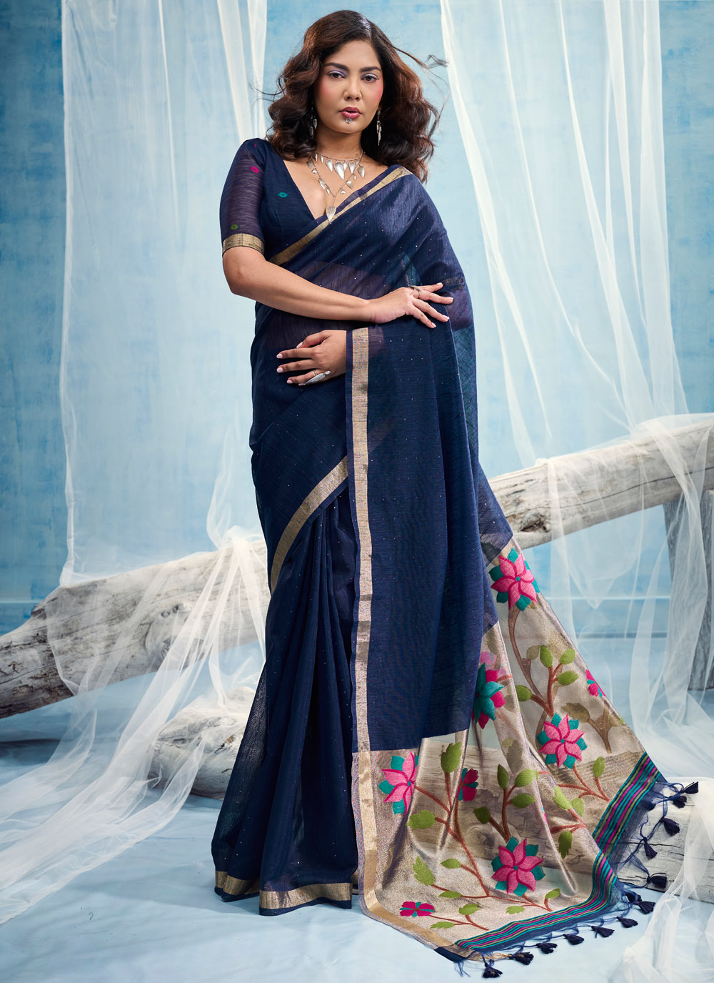 Blue Handloom Weaving Silk Trendy Saree - Buy Online