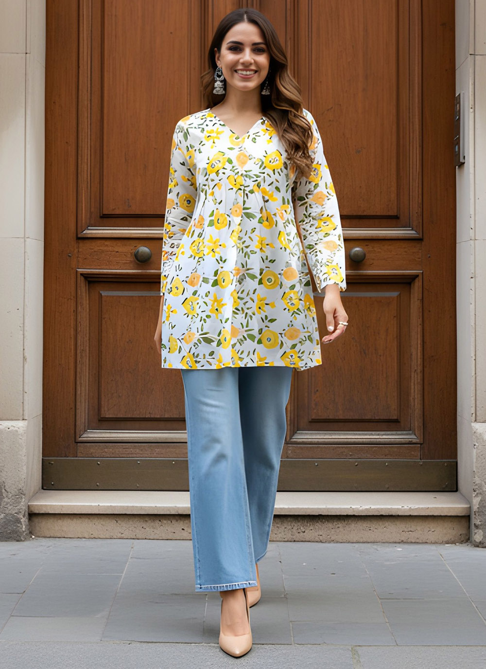 Cotton Printed Yellow Designer Kurti - Buy Online