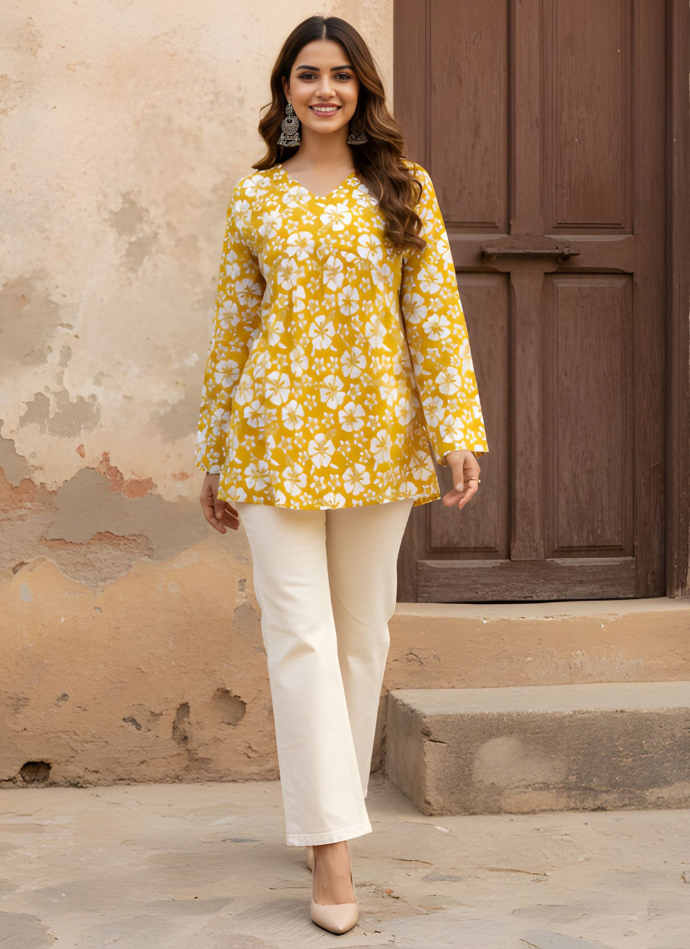 Printed Cotton Casual Wear Kurti in Mustard - Buy Online