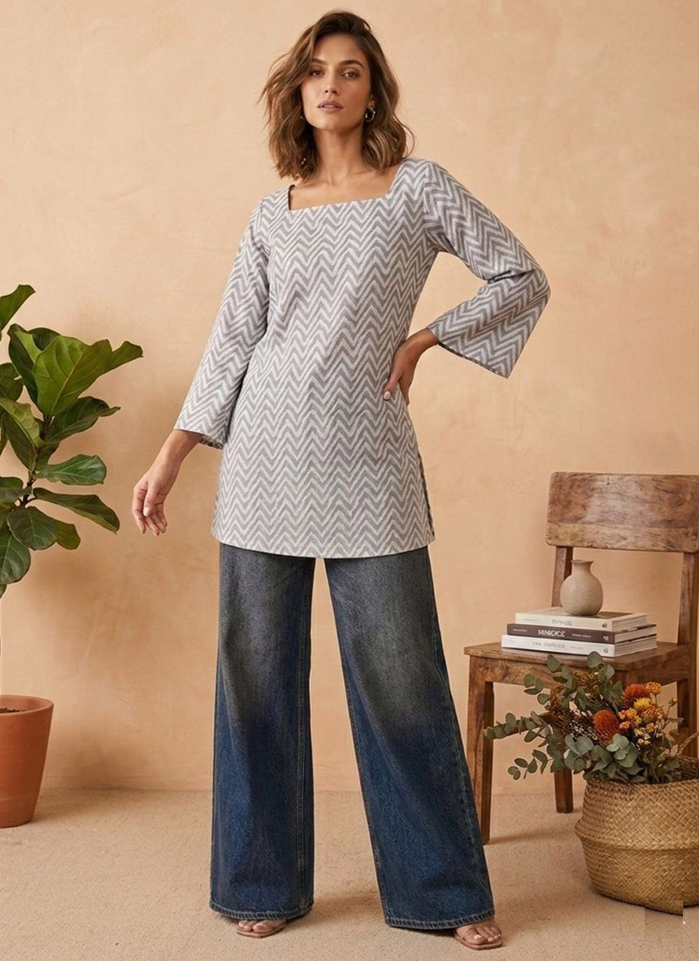 Grey Cotton Printed Trendy Kurti for Casual - Buy Online