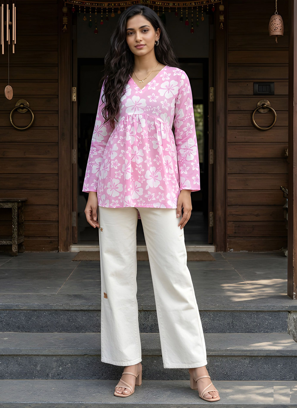 Printed Cotton Pink Party Wear Kurti - Buy Online