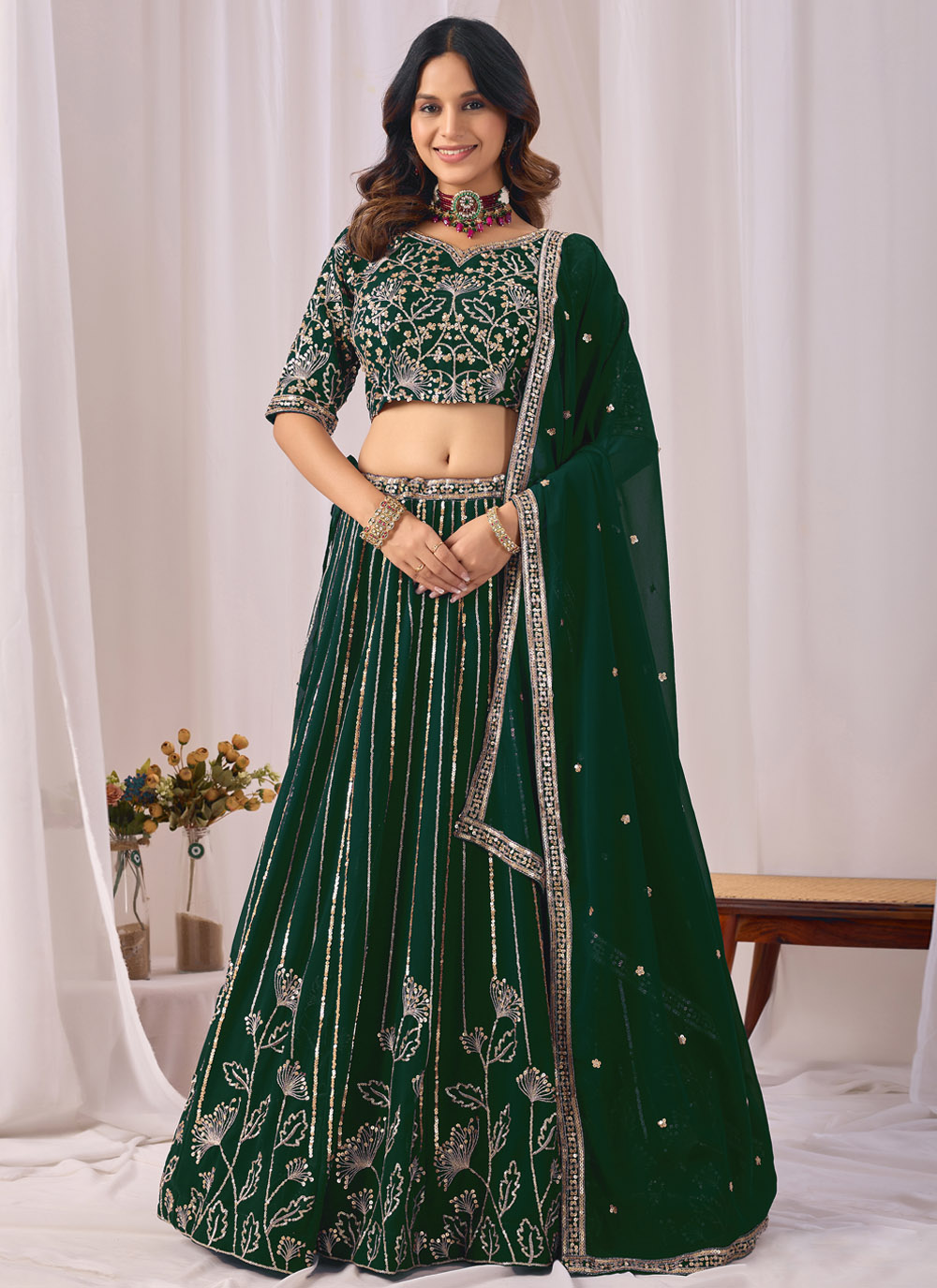 Green Faux Georgette Sequins Embroidered Lehenga Choli for Ceremonial - Buy Online