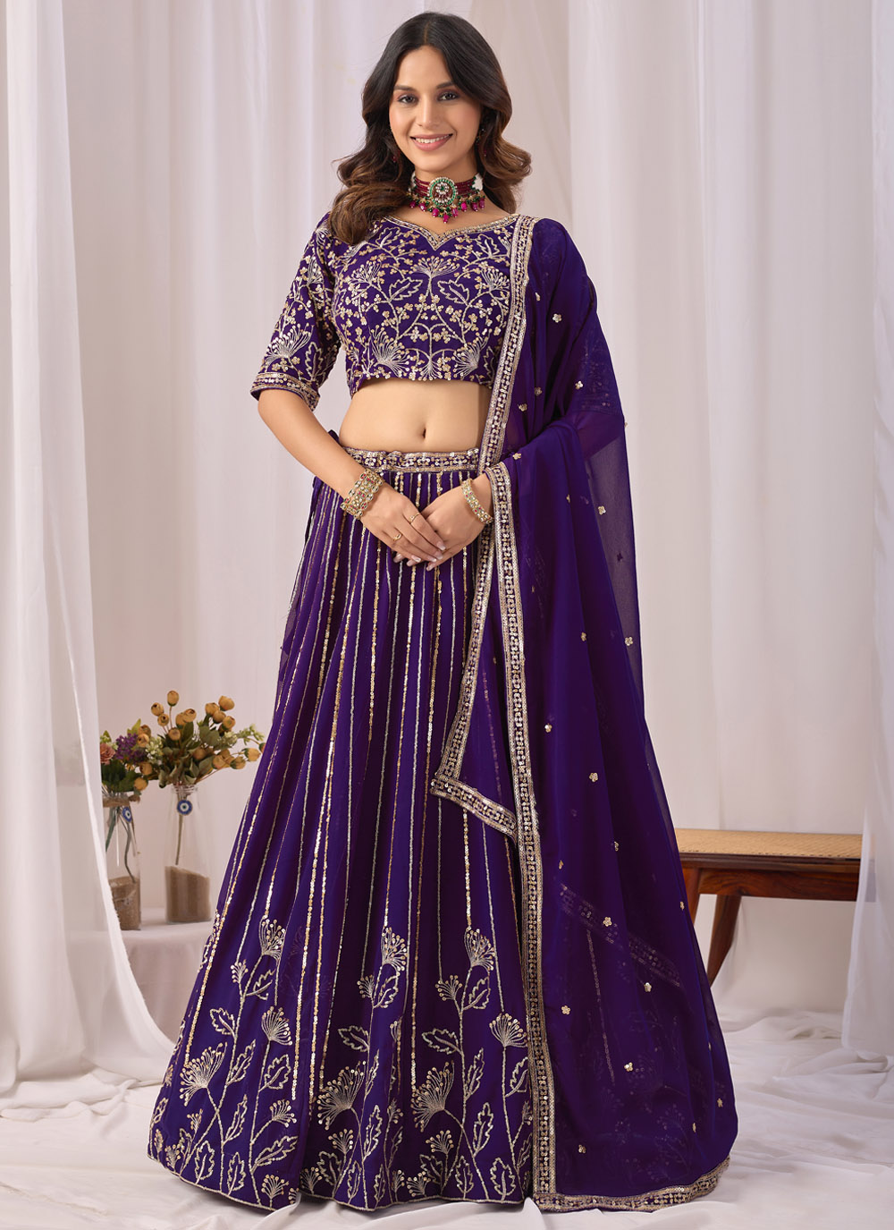 Faux Georgette Purple Embroidered Designer Lehenga Choli - Buy Online