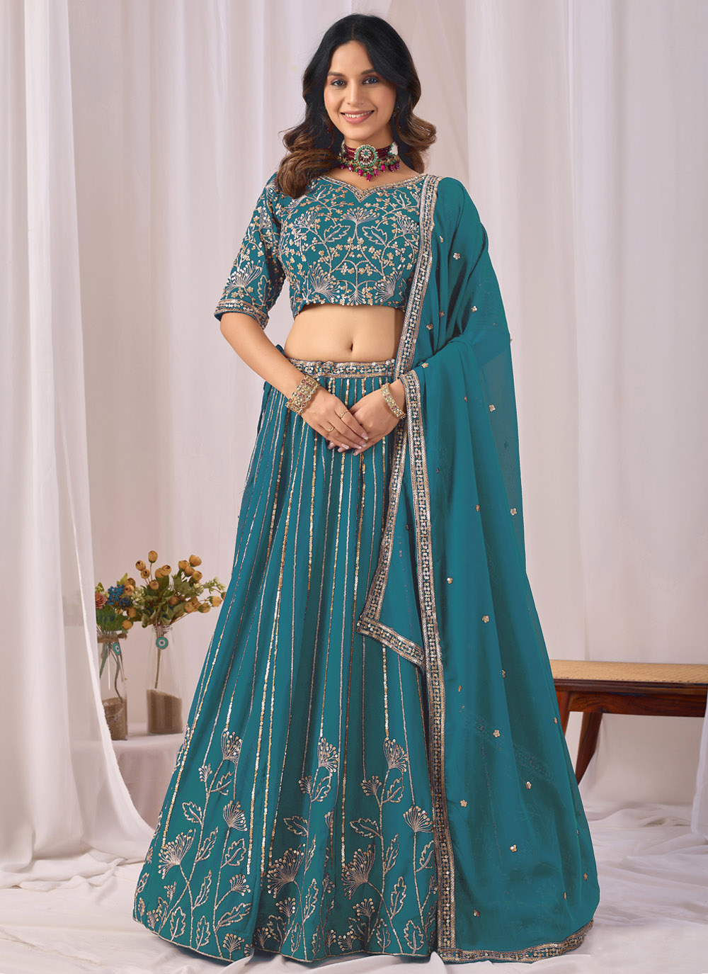 Turquoise Sequins Embroidered Faux Georgette Trendy Lehenga Choli - Buy Online