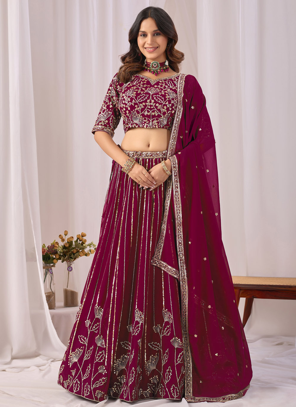 Faux Georgette Wine Zari Sequins Embroidered Lehenga Choli - Buy Online