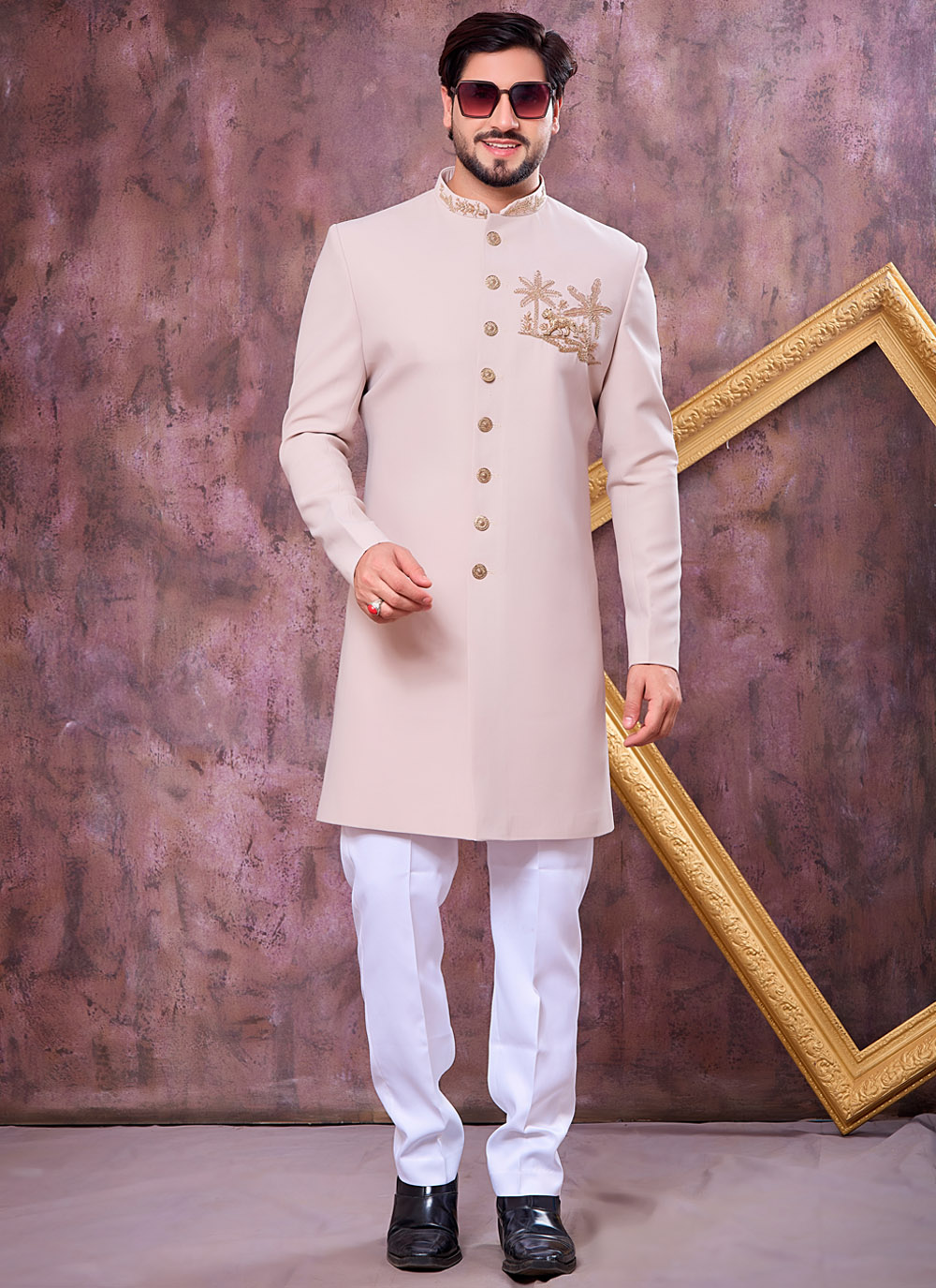 Beige Imported Beads Stone Zardosi Handwork Indo Western - Buy Online