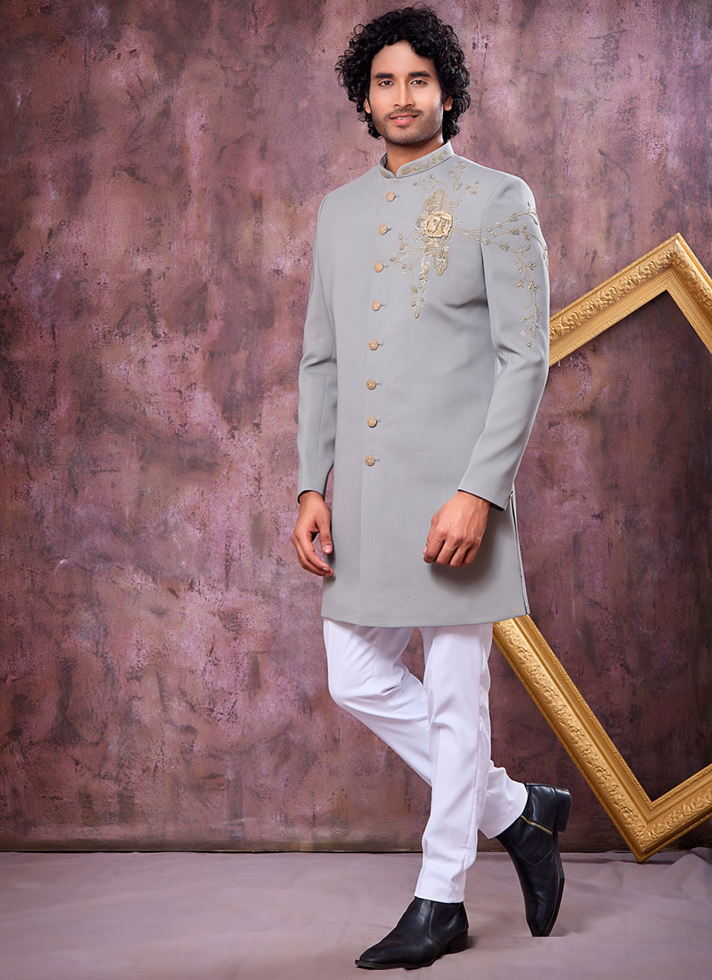 Grey Beads Stone Zardosi Handwork Imported Indo Western - Buy Online