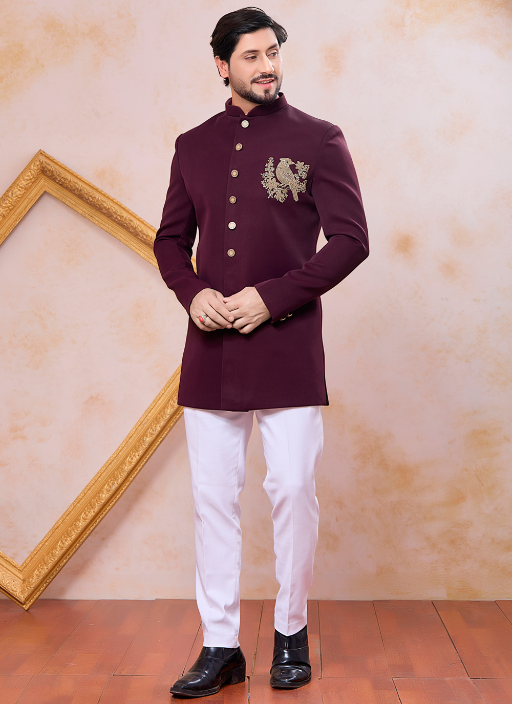 Imported Handwork Beads Stone Wine Indo Western for Reception - Buy Online