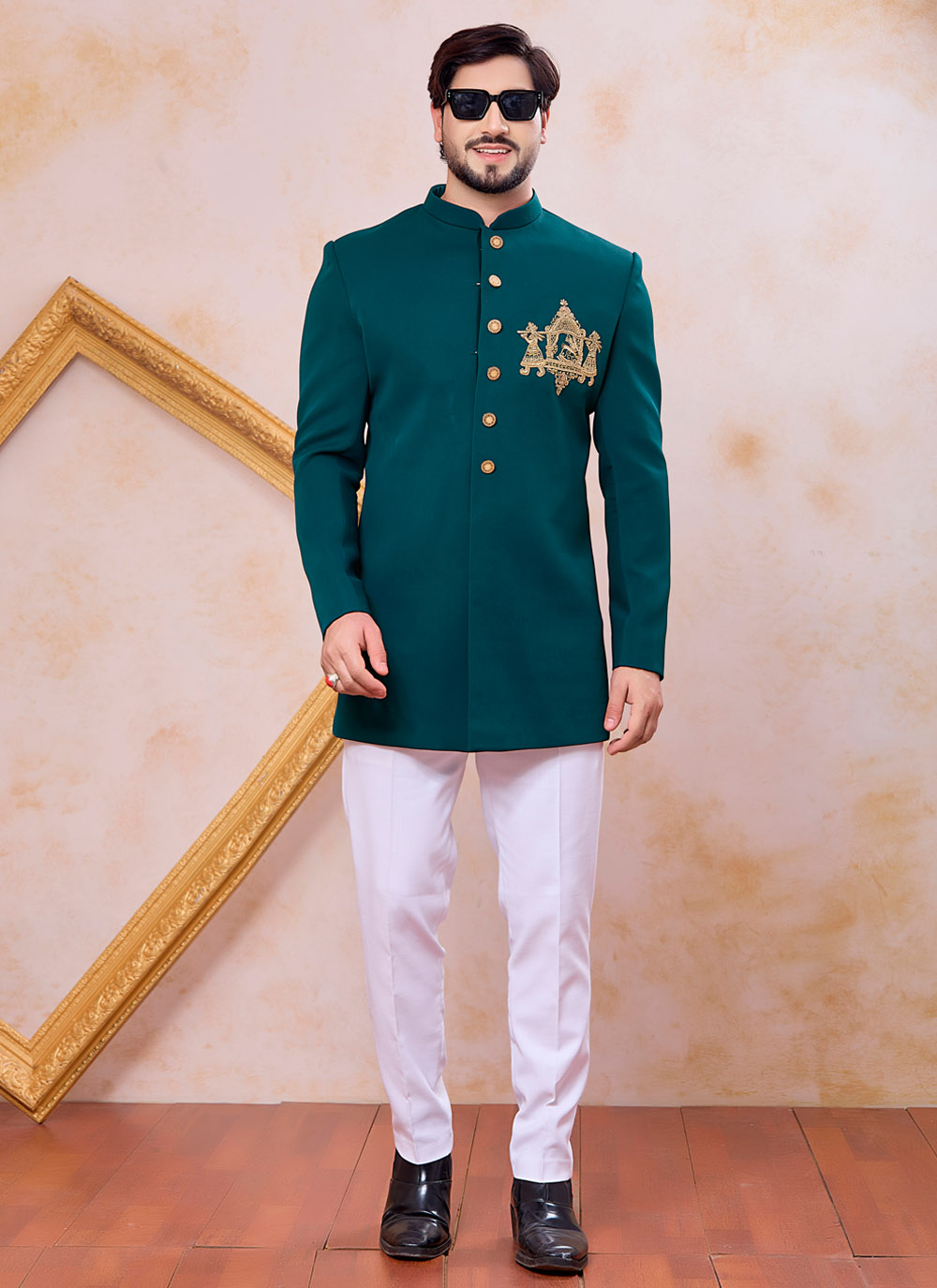 Imported Beads Zardosi Handwork Green Indo Western for Ceremonial - Buy Online