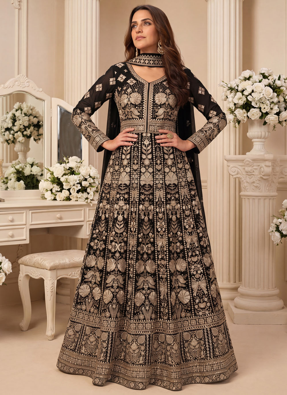 Georgette Embroidered Black Gown for Reception - Buy Online