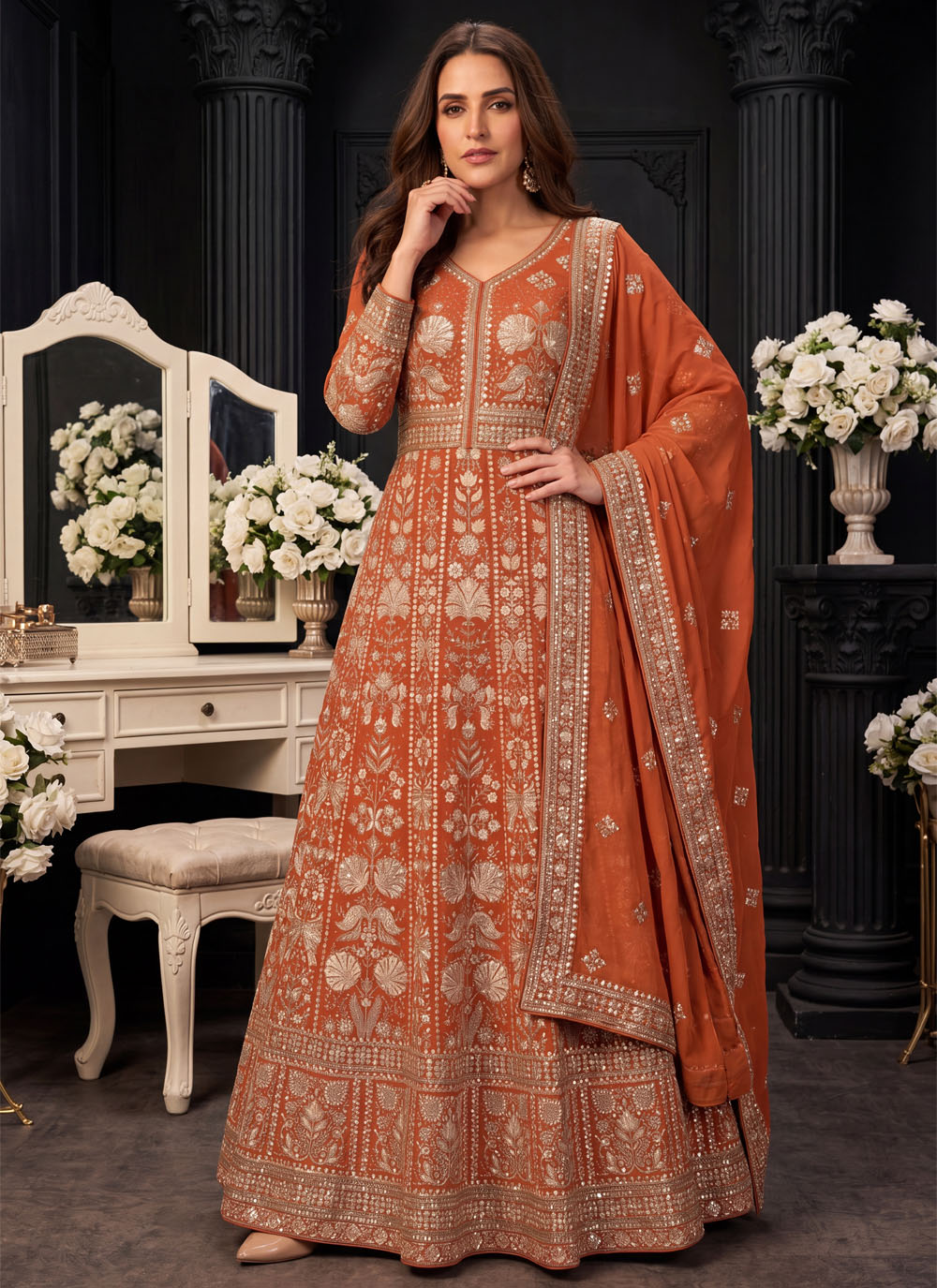 Orange Embroidered Georgette Trendy Gown for Festival - Buy Online