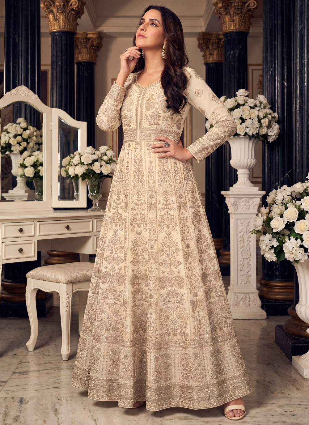 Embroidered Georgette Designer Gown in Cream - Buy Online
