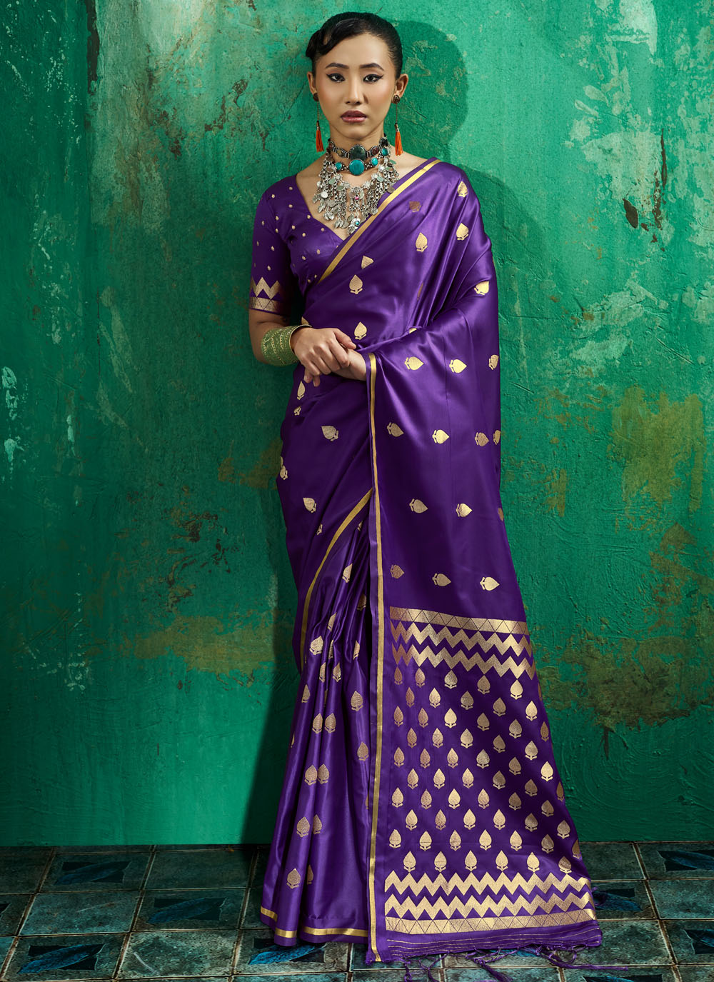 Handloom Satin Silk Purple Weaving Work Contemporary Saree - Buy Online
