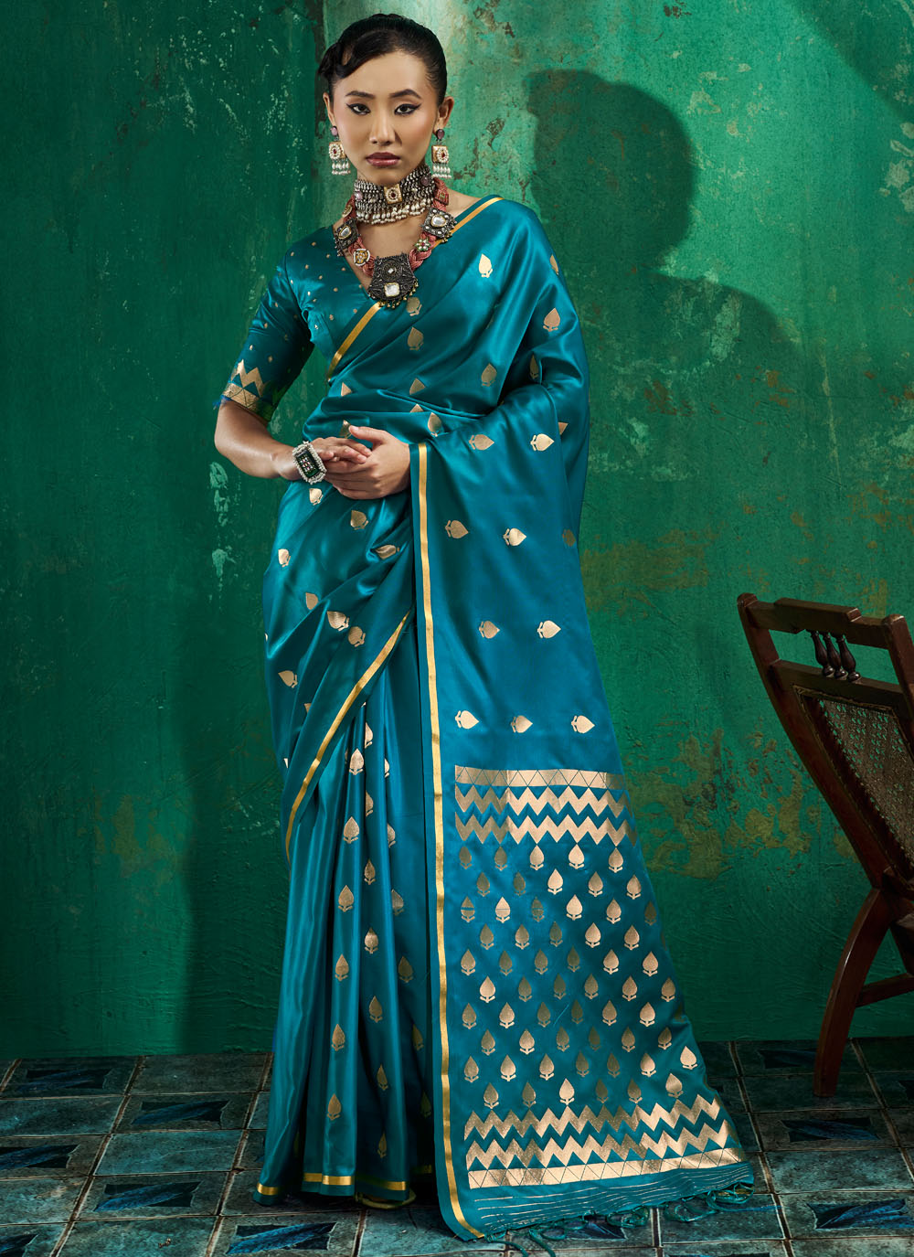 Turquoise Satin Silk Weaving Work Trendy Saree - Buy Online