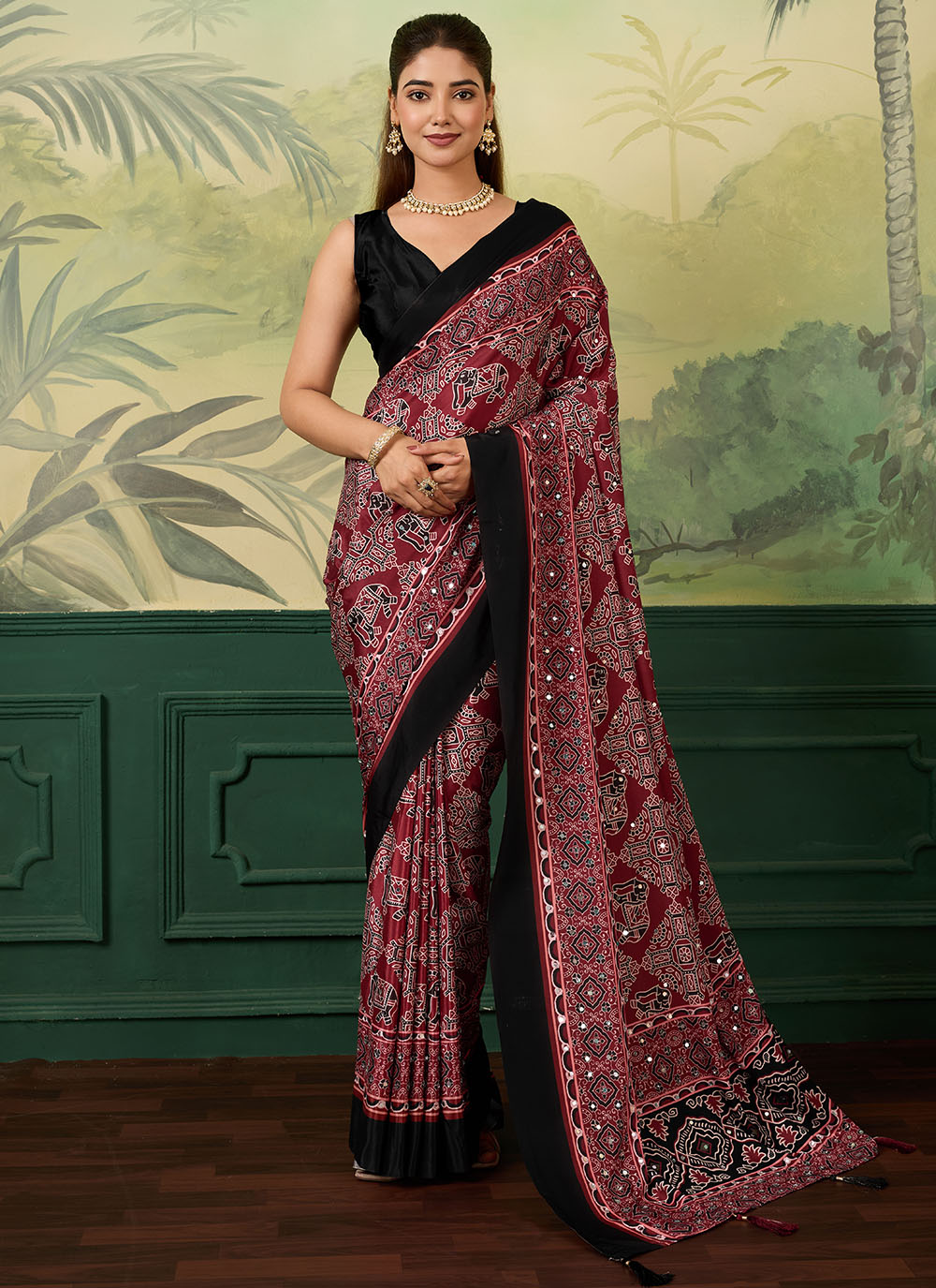 Maroon Chinon Digital Print and Mirror Work Trendy Saree - Buy Online