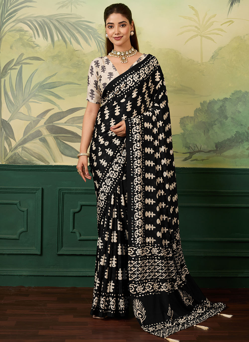 Chinon Black Digital Printed Classic Saree - Buy Online