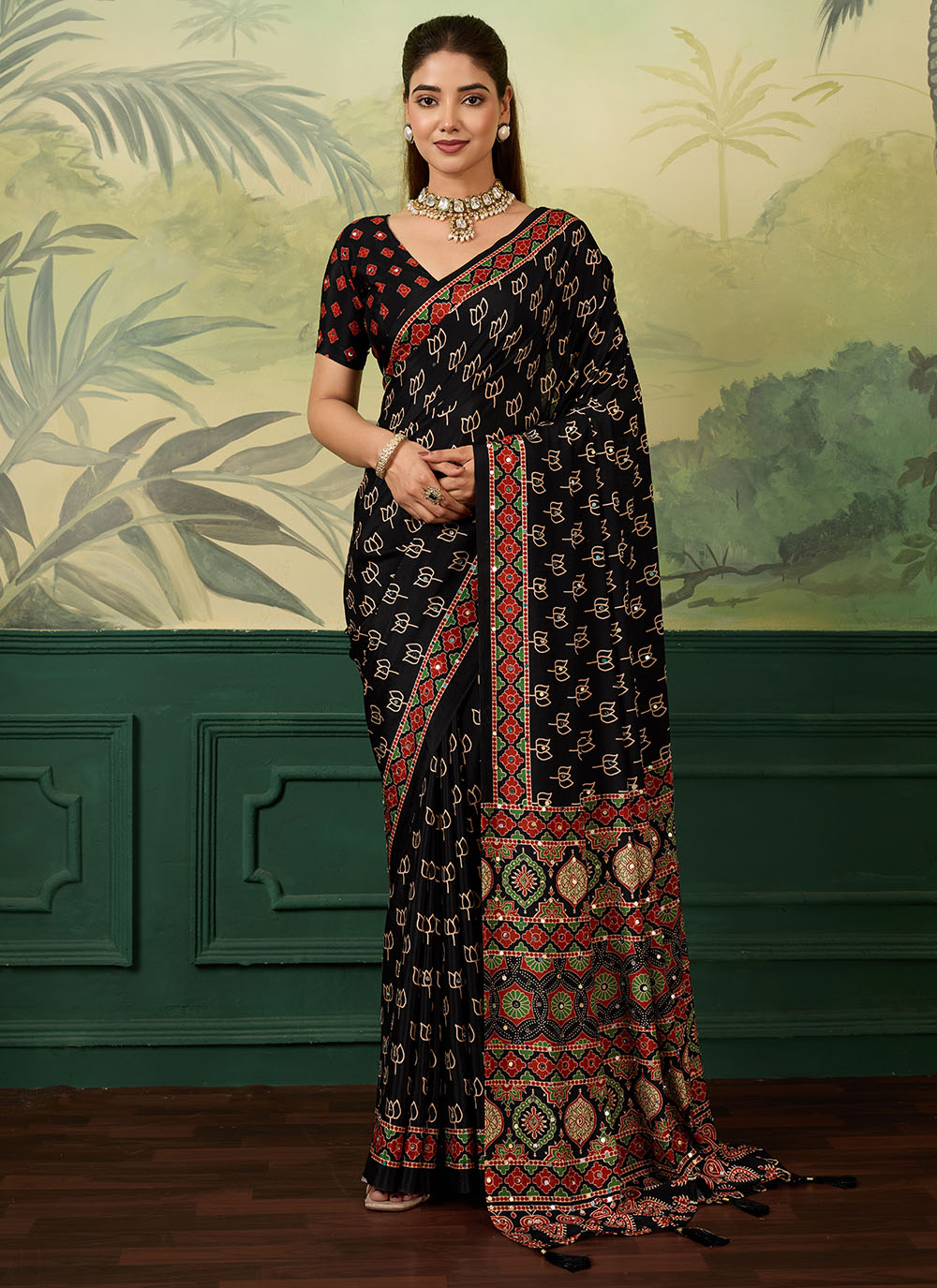 Chinon Mirror and Digital Print Work Saree in Black - Buy Online