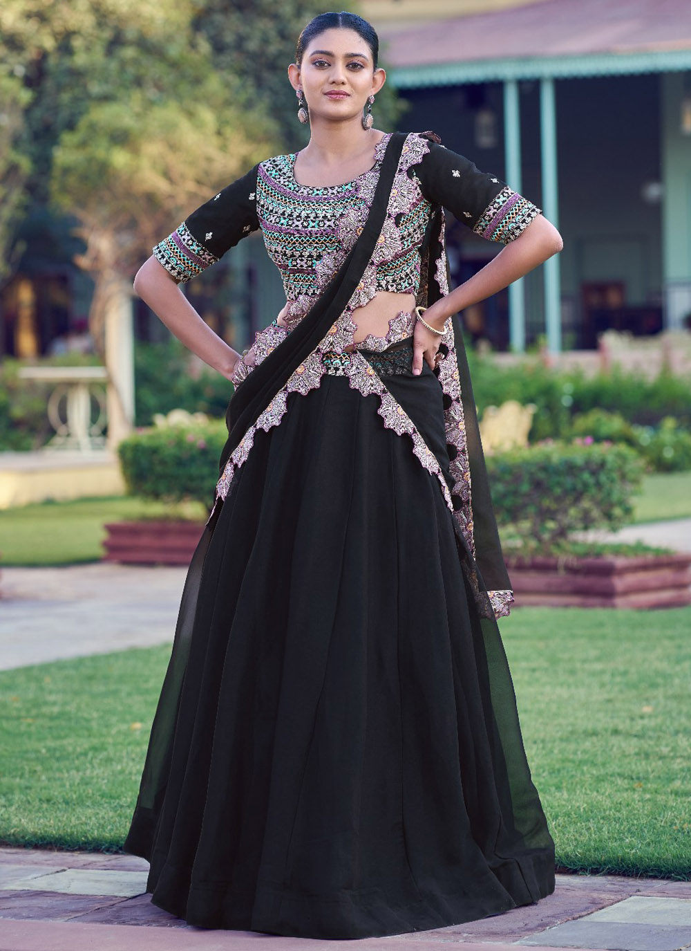 Black Georgette Thread Sequins Embroidered Lehenga Choli - Buy Online