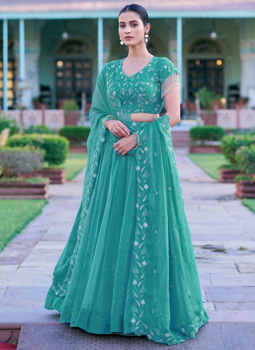 Fancy Fabric Aqua Blue Beads Embroidered Trendy Lehenga Choli - Buy Online