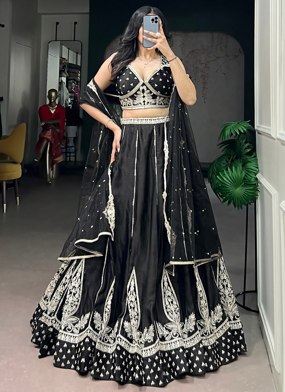 Silk Black Thread Sequins Embroidered Designer Lehenga Choli - Buy Online