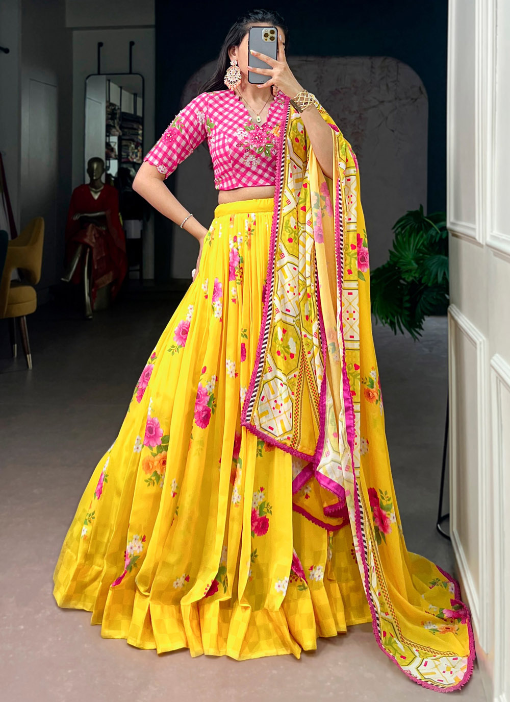 Yellow Georgette Printed and Embroidered Lehenga Choli - Buy Online