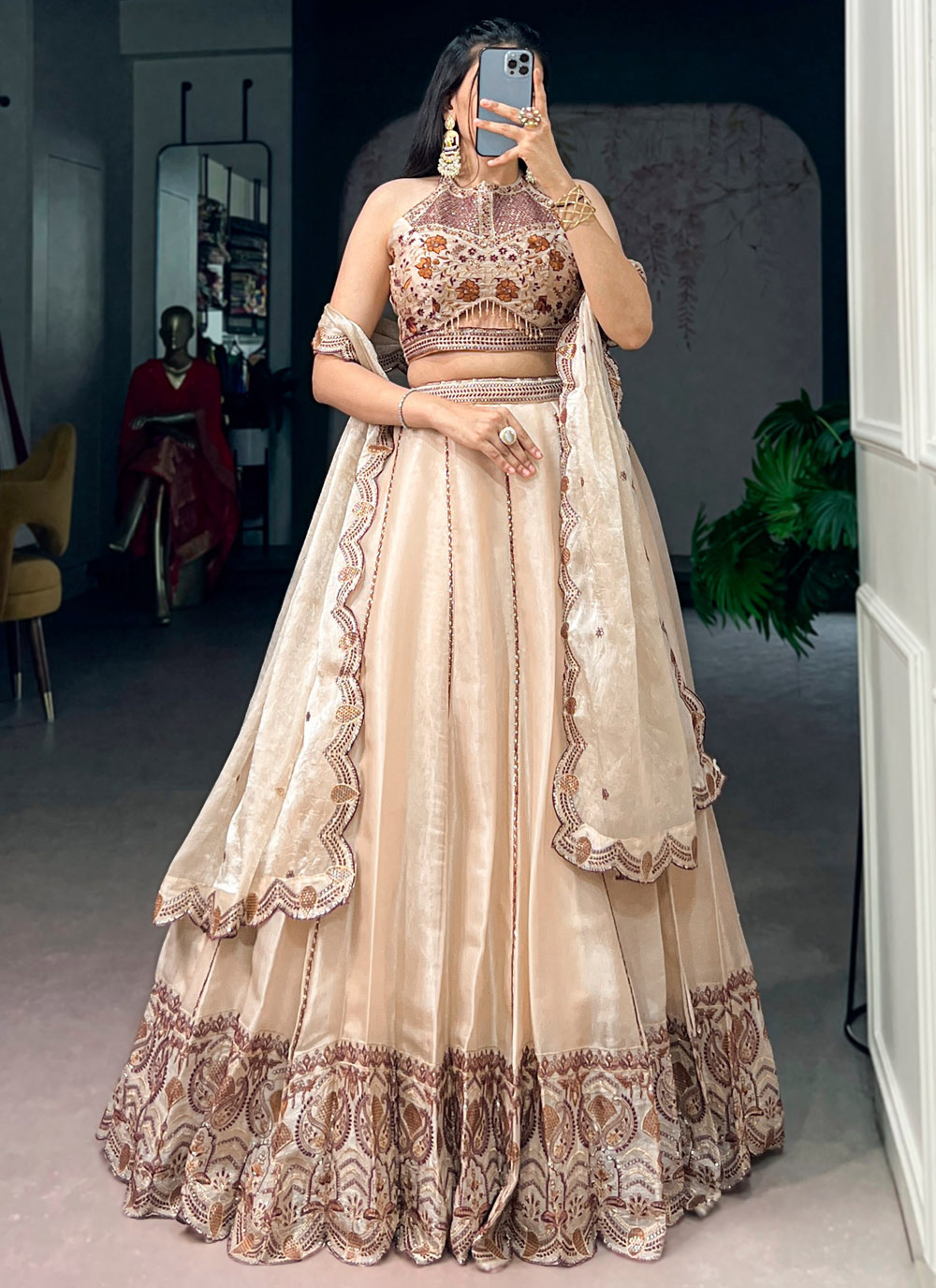 Crush Sequins Thread Embroidered Cream Lehenga Choli for Ceremonial - Buy Online