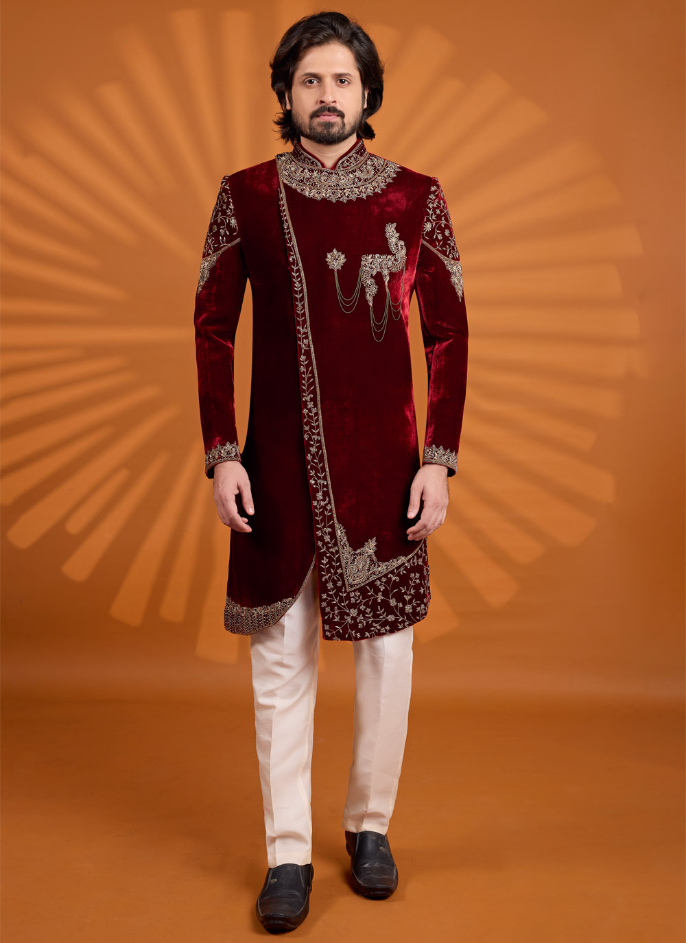 Maroon Velvet Embroidered Sherwani - Buy Online