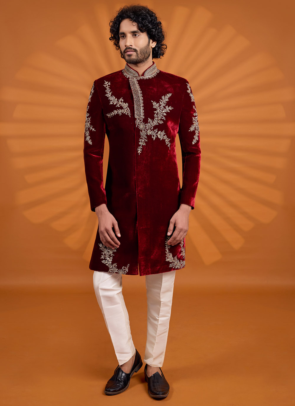 Maroon Embroidered Velvet Wedding Sherwani - Buy Online