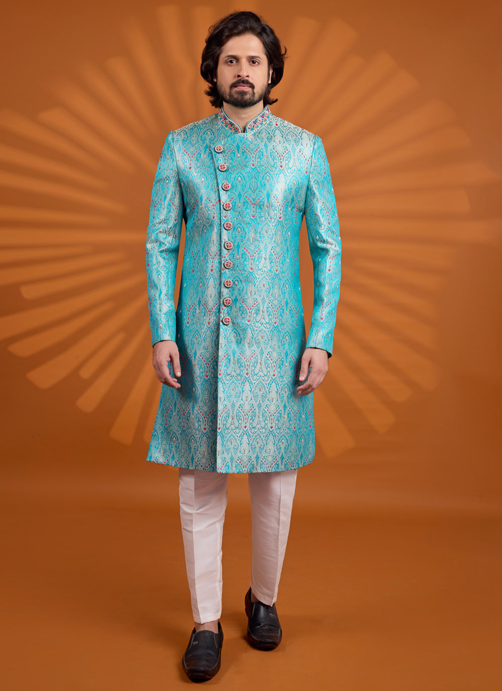 Aqua Blue Banarasi Jacquard Embroidered Sherwani - Buy Online