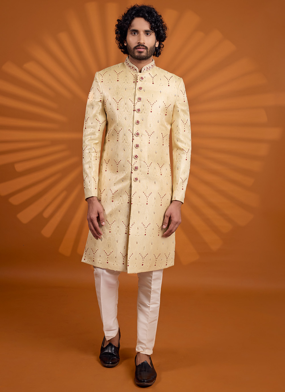 Banarasi Jacquard Embroidered Sherwani in Cream Colour - Buy Online
