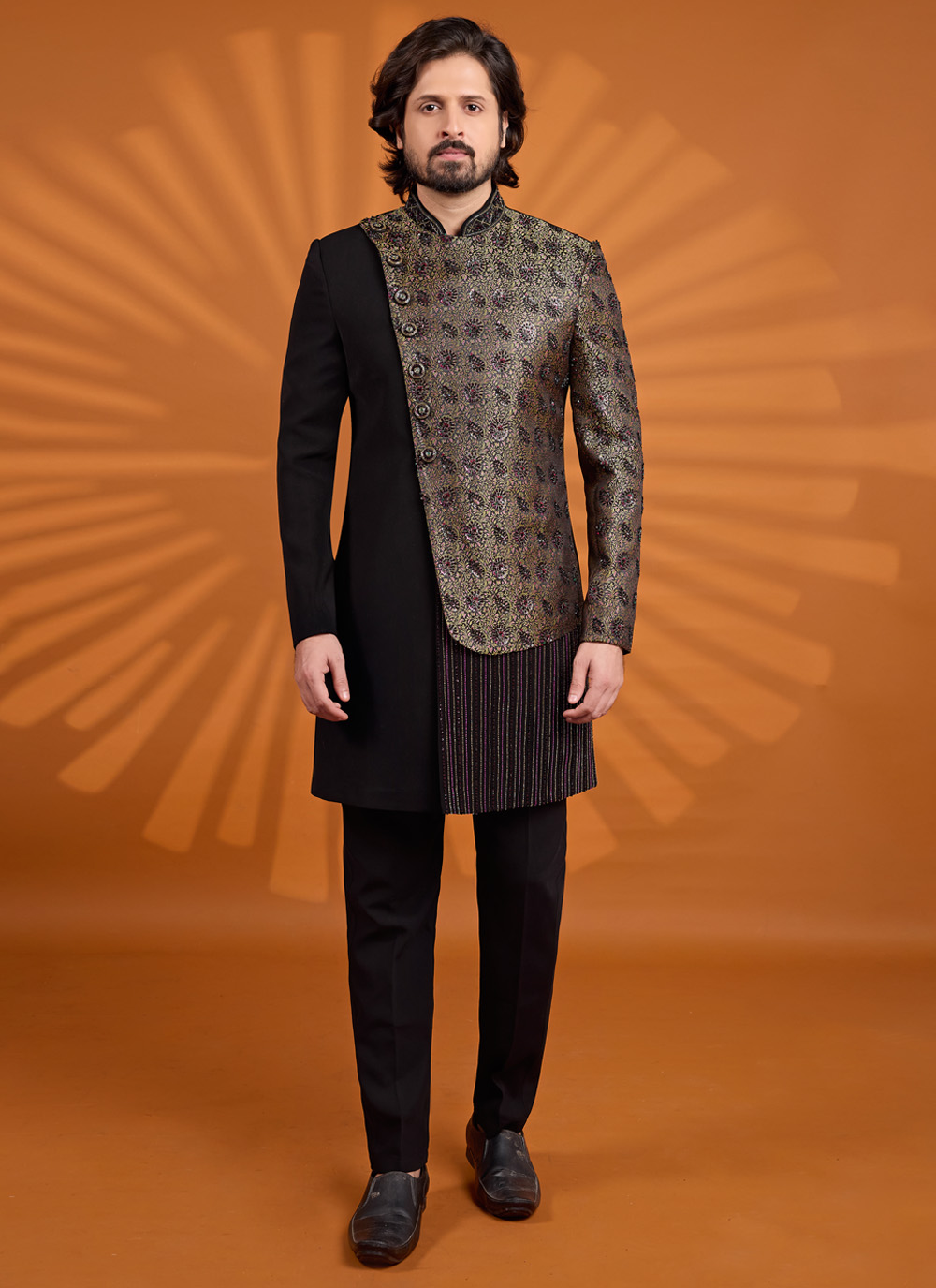 Black Imported Banarasi Jacquard Embroidered Designer Sherwani - Buy Online