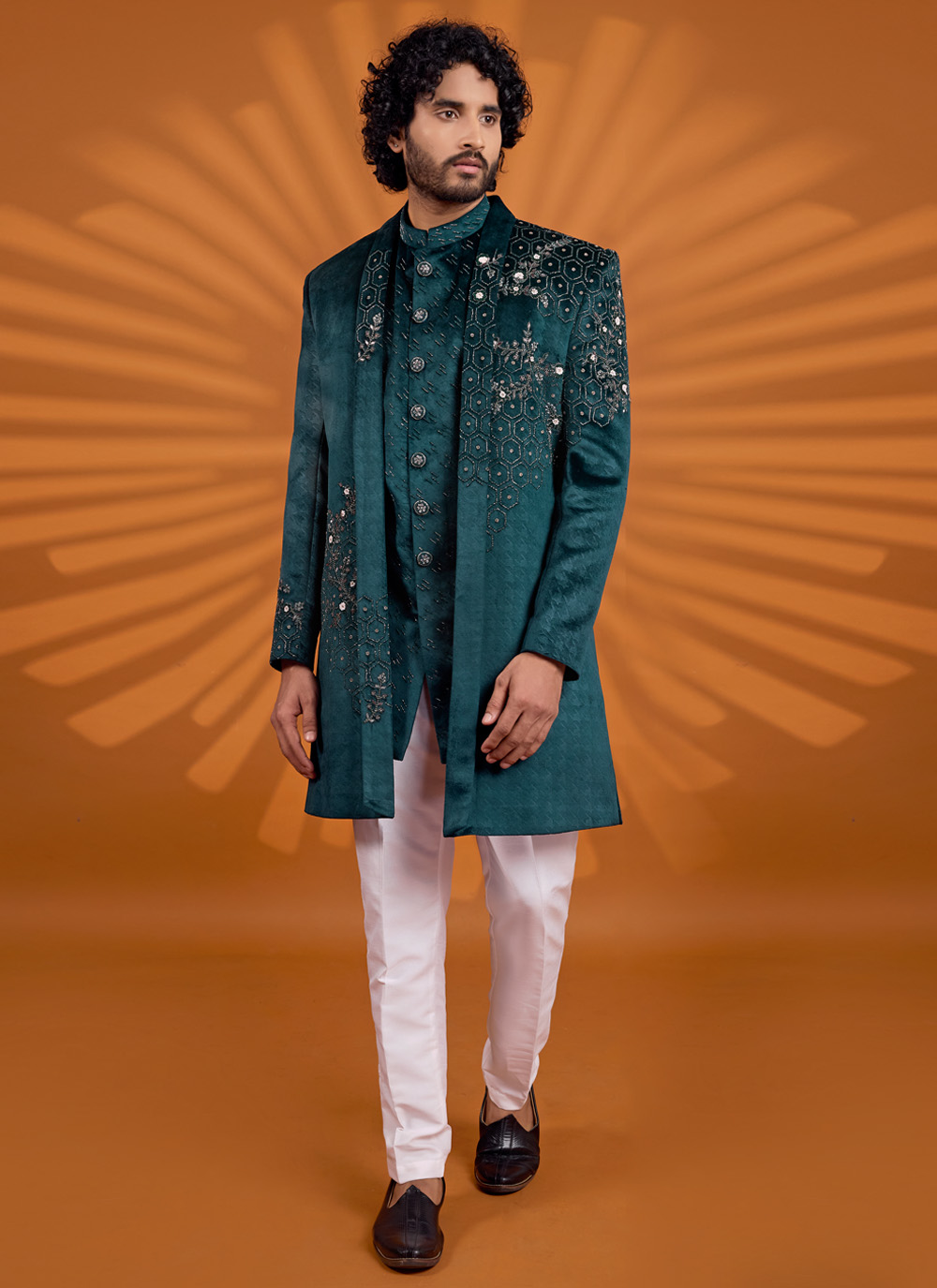 Green Velvet Embroidered Indo Western - Buy Online