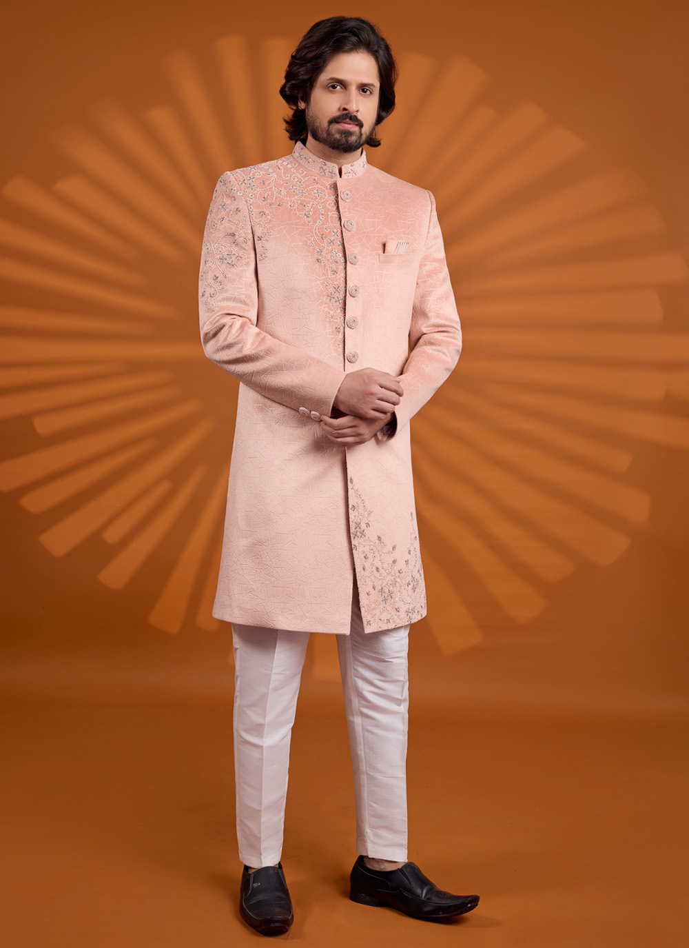 Velvet Embroidered Pink Wedding Sherwani - Buy Online