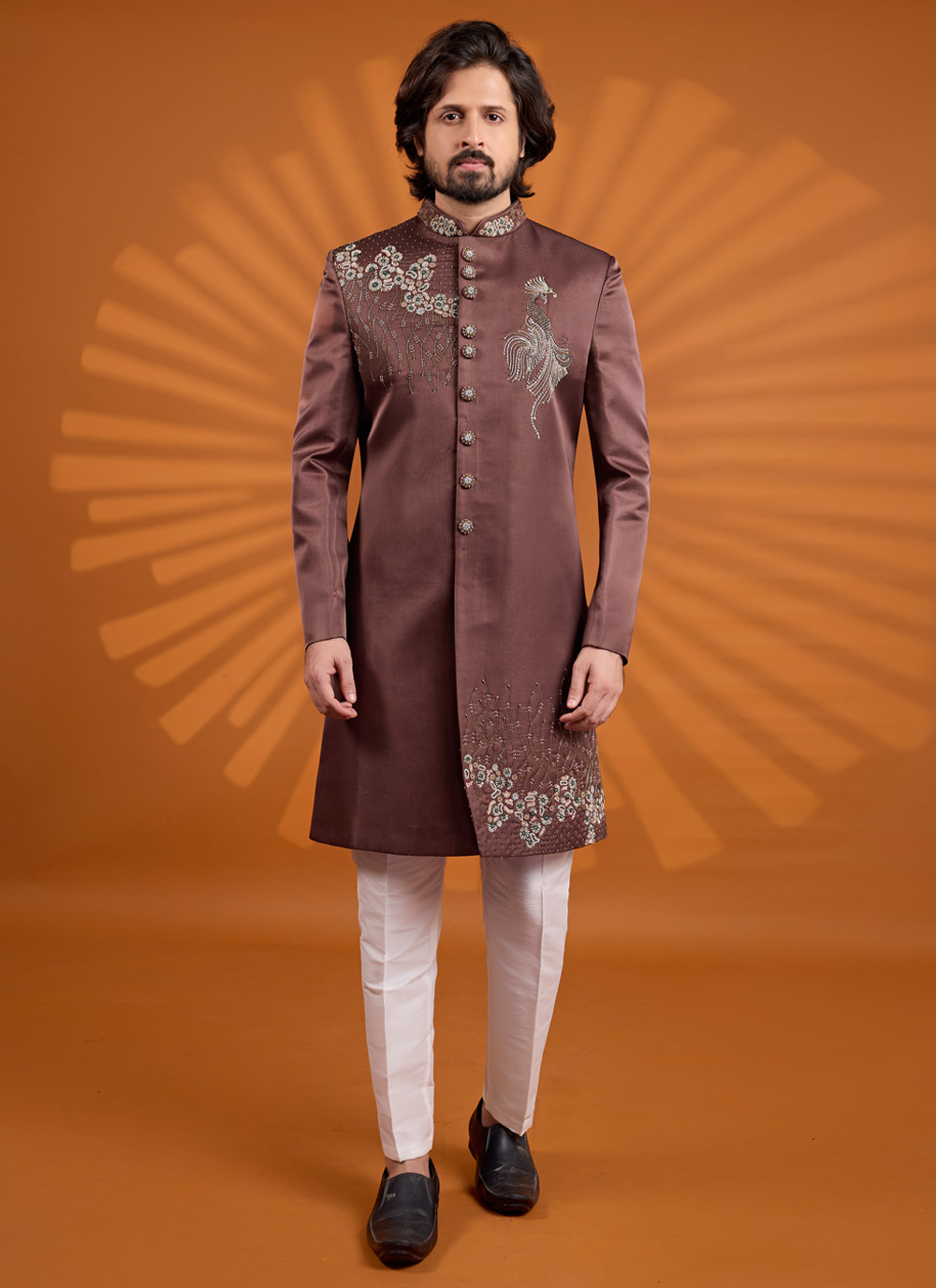 Brown Embroidered Art Silk Sherwani for Ceremonial - Buy Online
