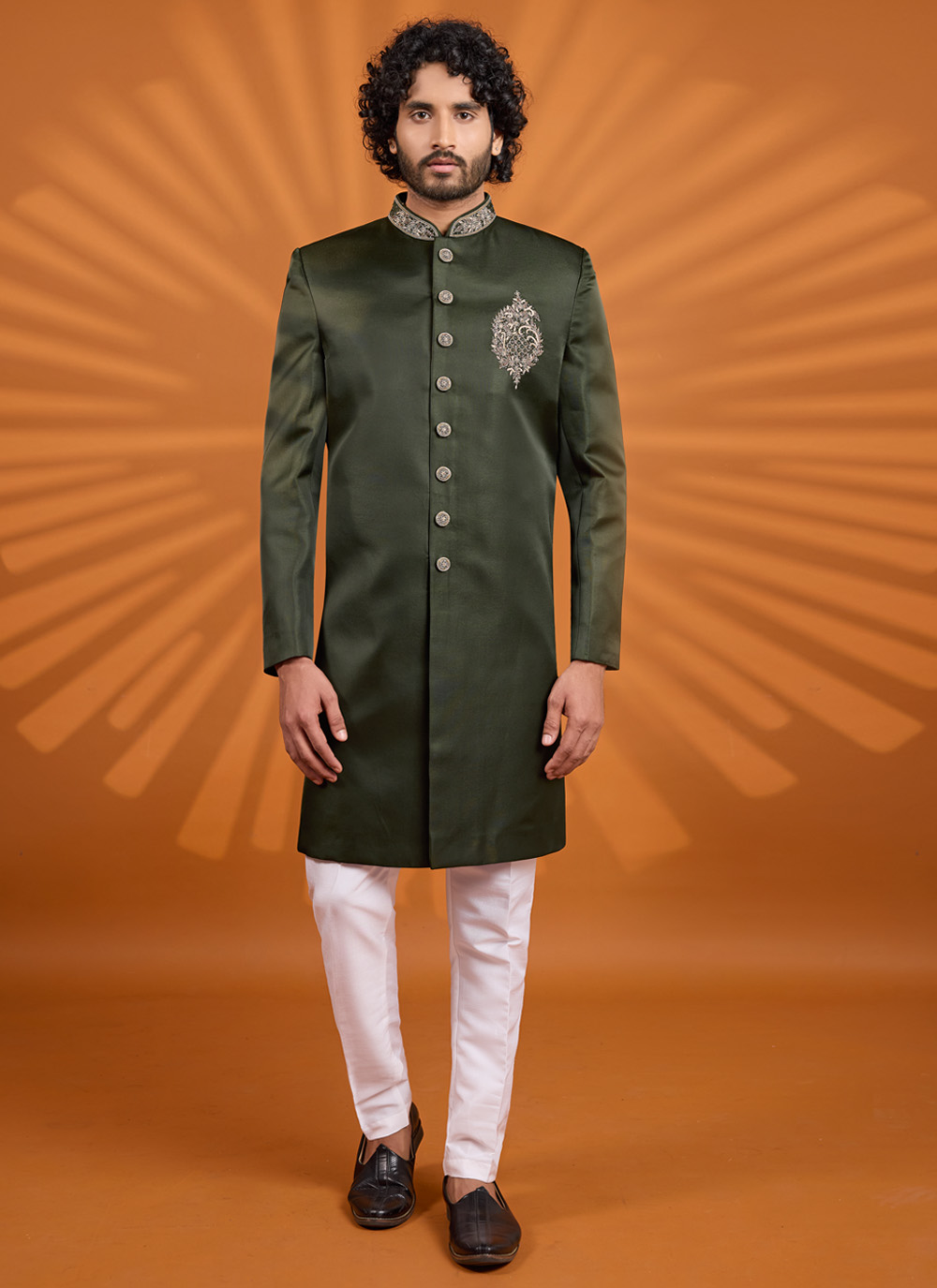 Embroidered Art Silk Designer Sherwani in Green - Buy Online