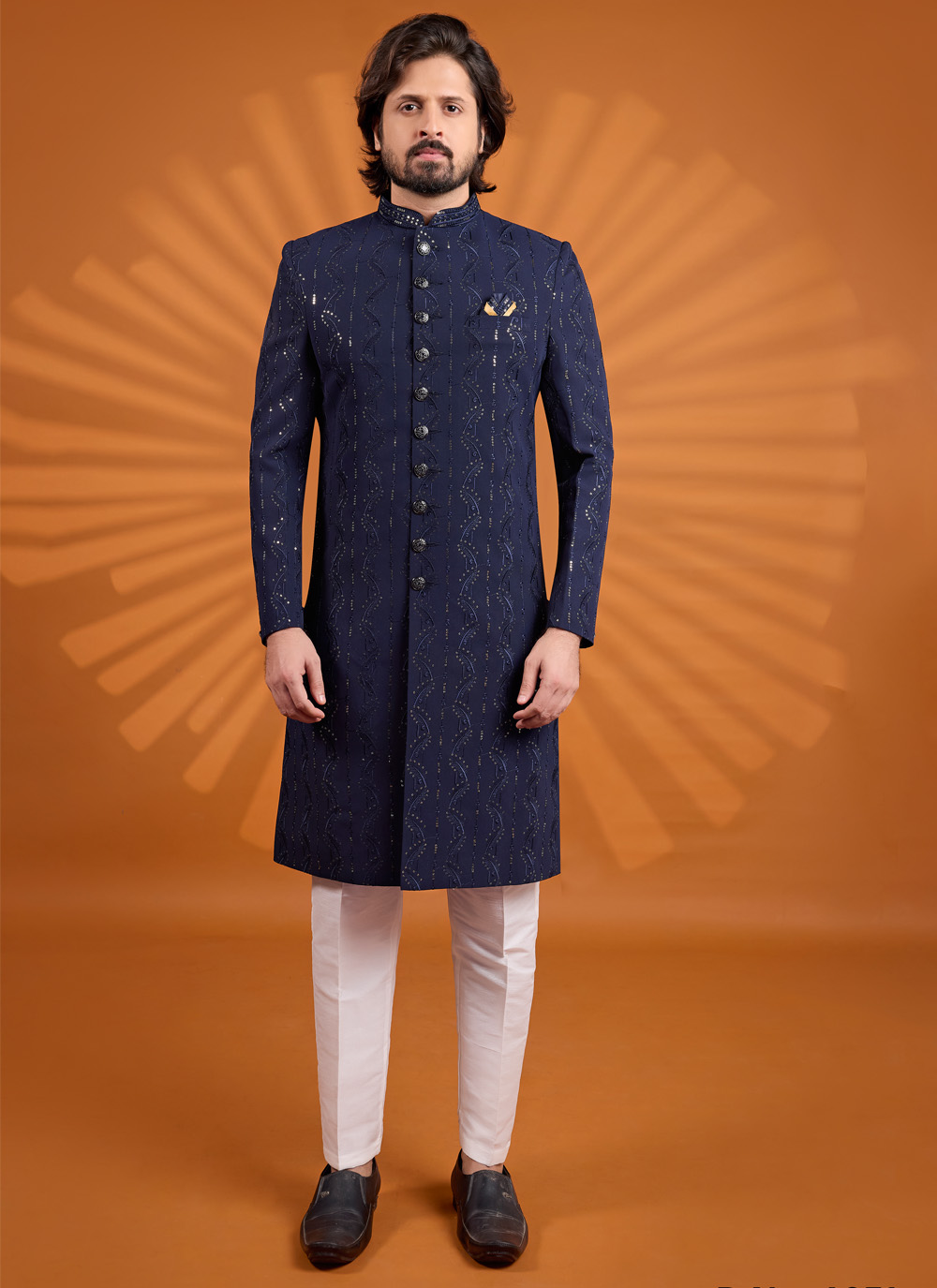 Blue Georgette Thread Embroidered Sherwani Mens Wear - Buy Online