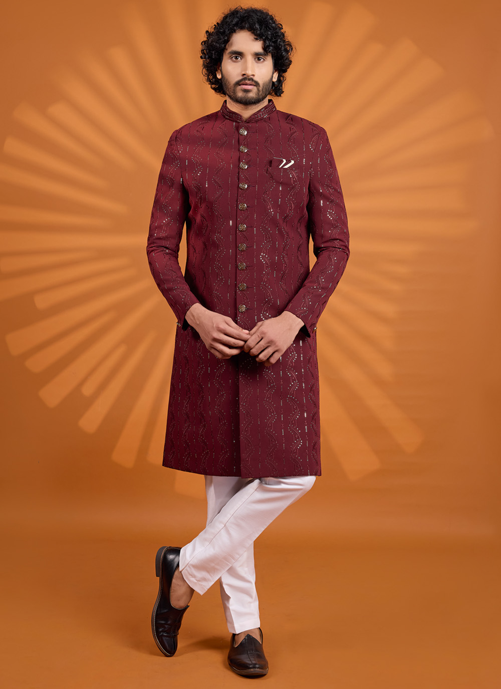 Georgette Maroon Embroidered Thread Work Sherwani - Buy Online