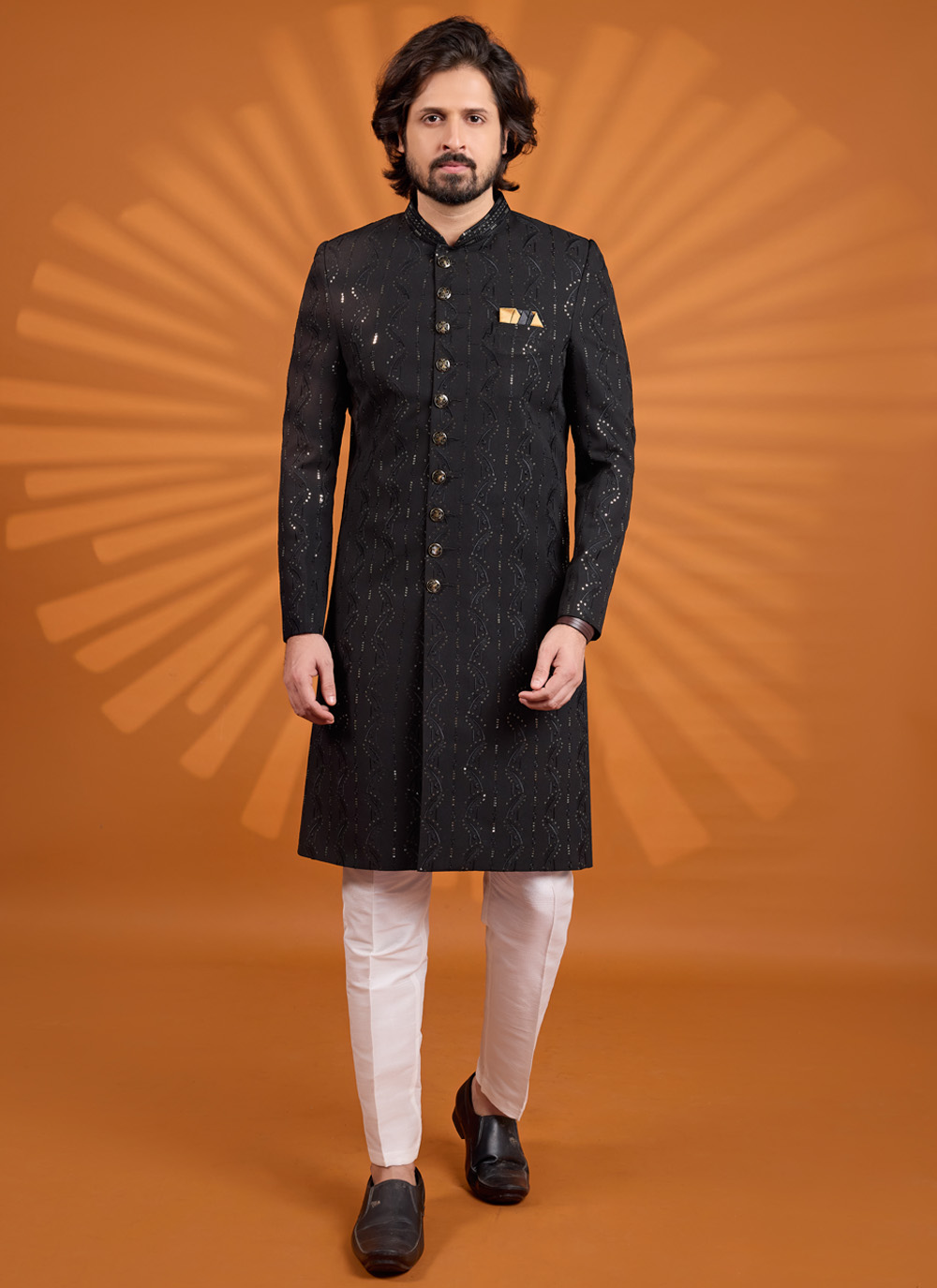 Black Thread Embroidered Georgette Sherwani for Reception - Buy Online