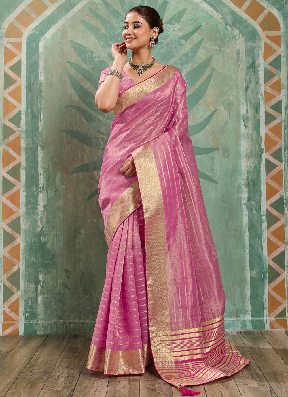 Pink Cotton Tissue Zari Woven Work Trendy Saree - Buy Online